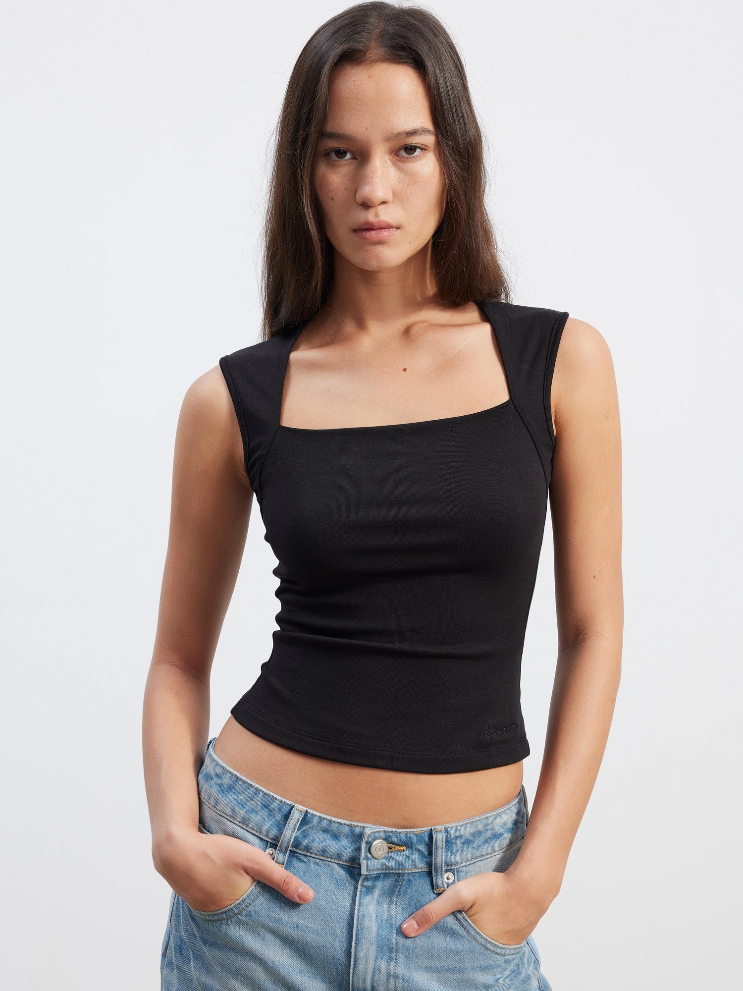 AFTADAWN Polka Dot Embroidered Square Neck Slim Fit Women&