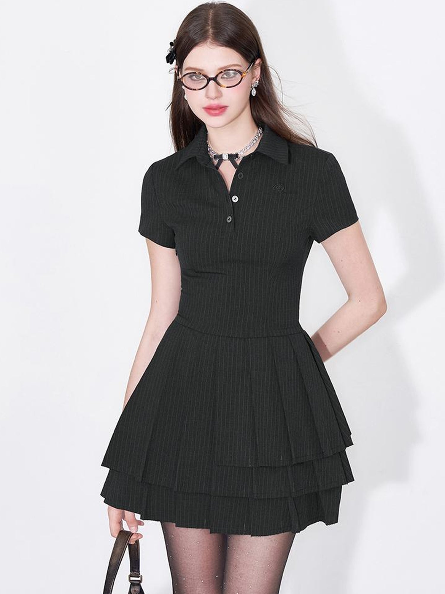 AFTADAWN Polo Collar Pleated Striped Sleeveless Dress