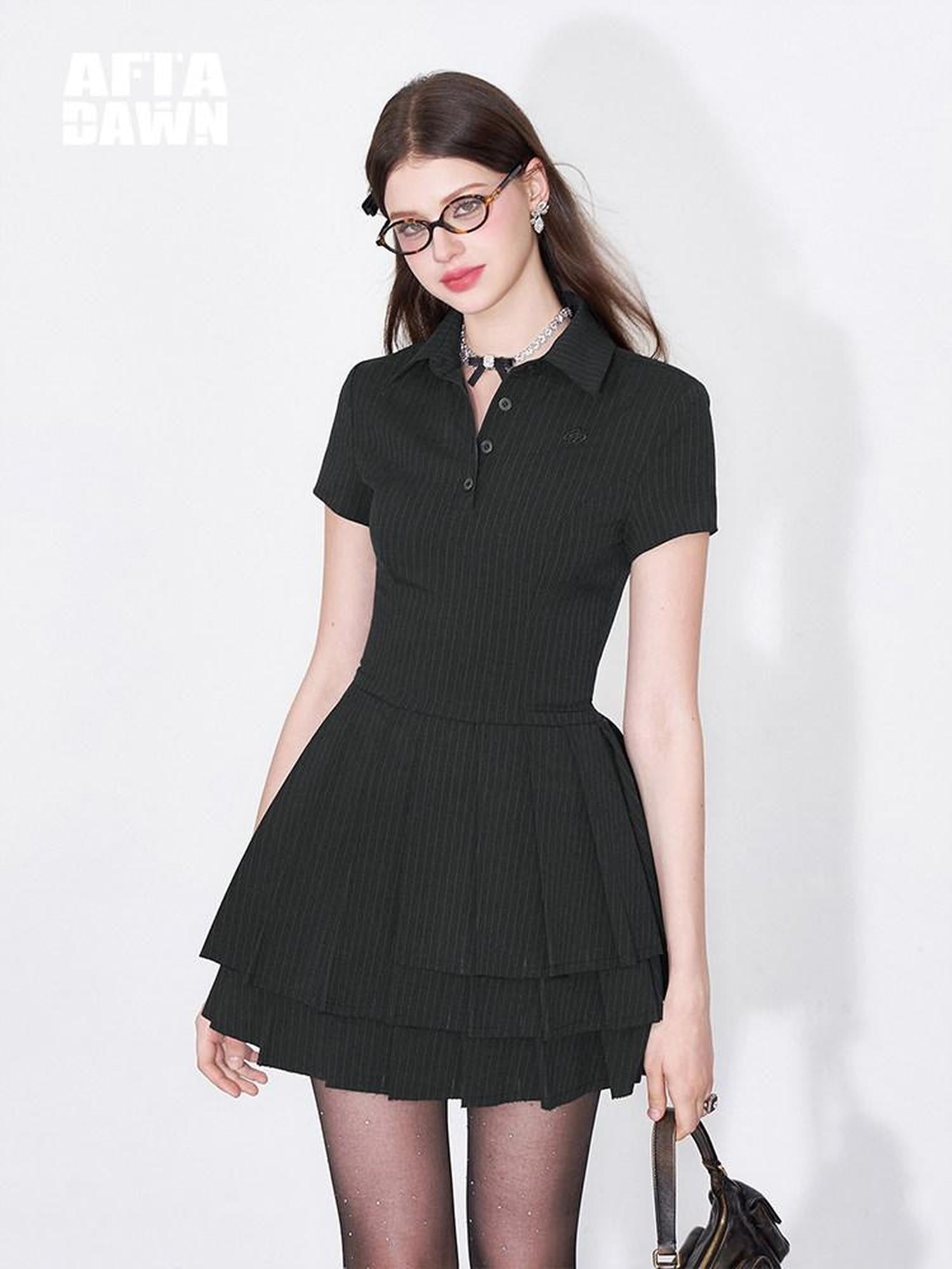 AFTADAWN Polo Collar Pleated Striped Waist Women&