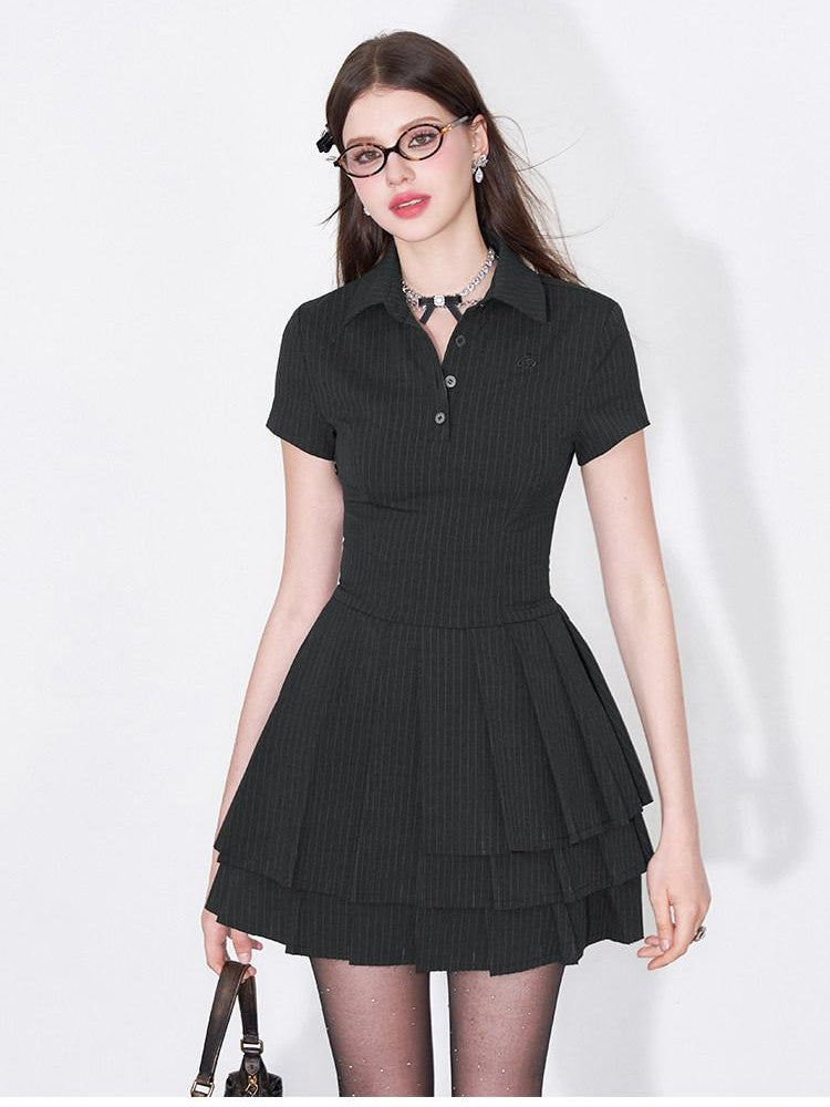AFTADAWN Polo Collar Pleated Striped Waist Women&