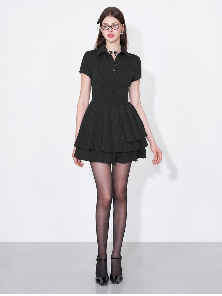 AFTADAWN Polo Collar Pleated Striped Waist Women&