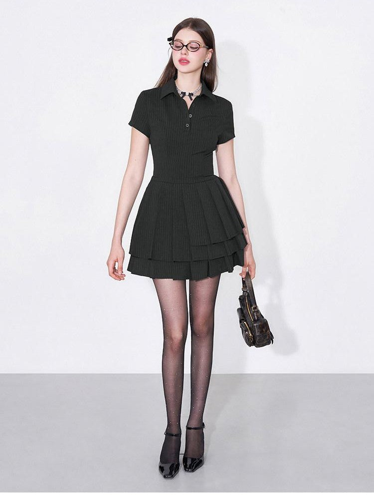 AFTADAWN Polo Collar Pleated Striped Waist Women&