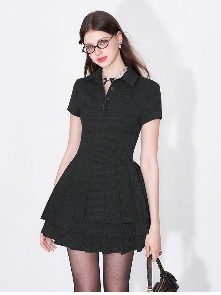 AFTADAWN Polo Collar Pleated Striped Waist Women&