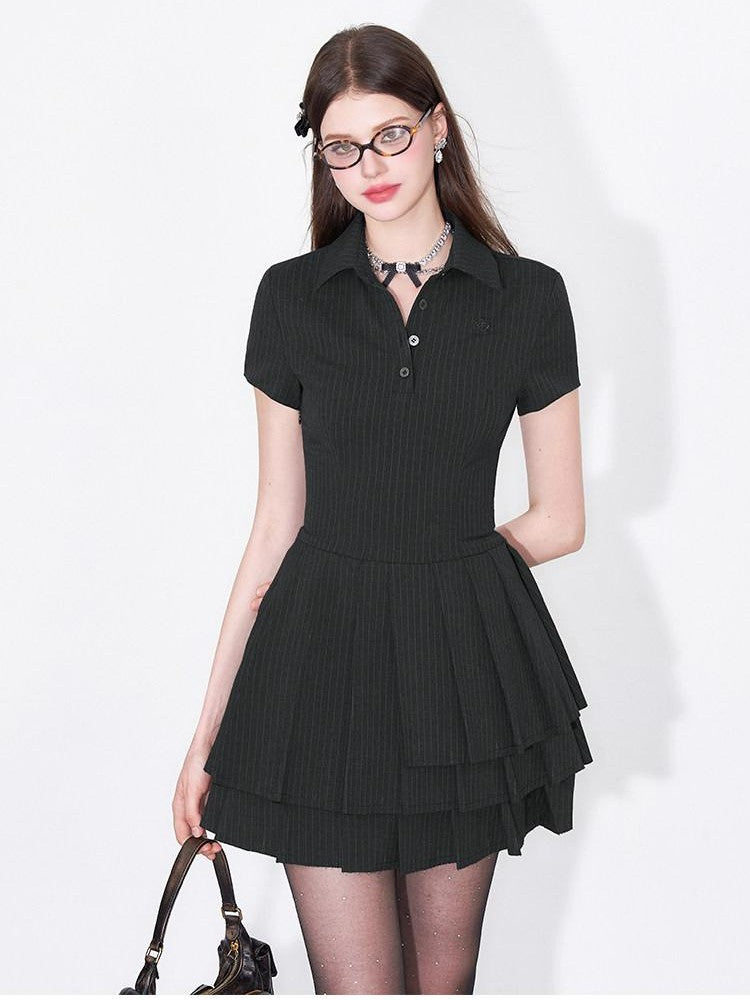 AFTADAWN Polo Collar Pleated Striped Waist Women&