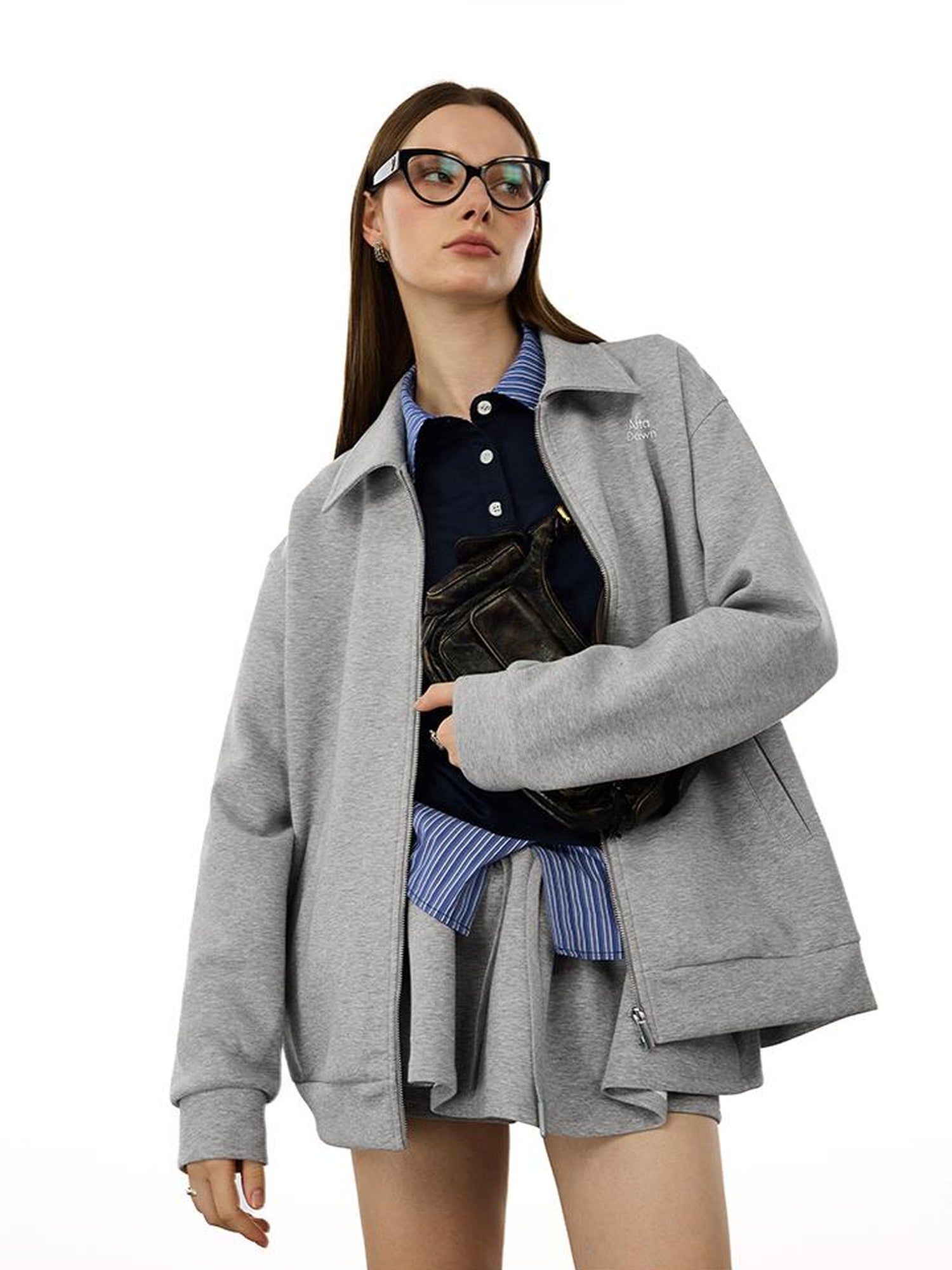AFTADAWN Premium Gray Zip Up Hoodie Set With Bloom Skirt