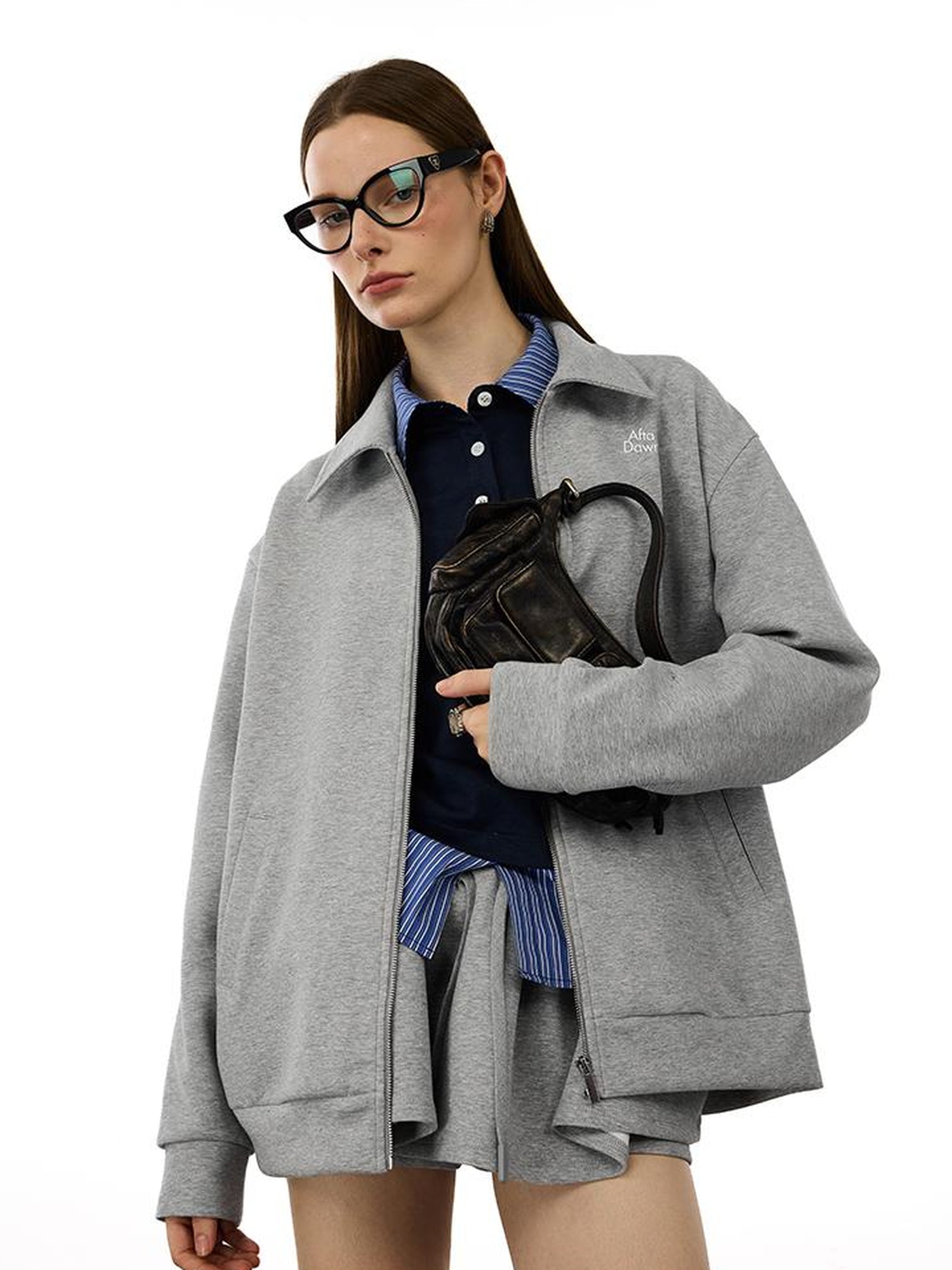 AFTADAWN Premium Gray Zip Up Hoodie Set With Bloom Skirt