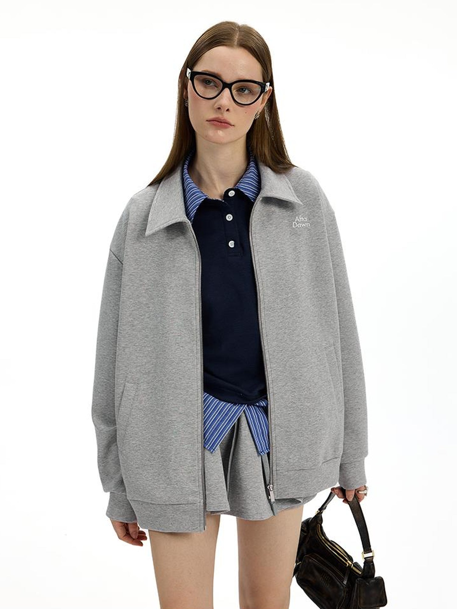 AFTADAWN Premium Gray Zip Up Hoodie Set With Bloom Skirt