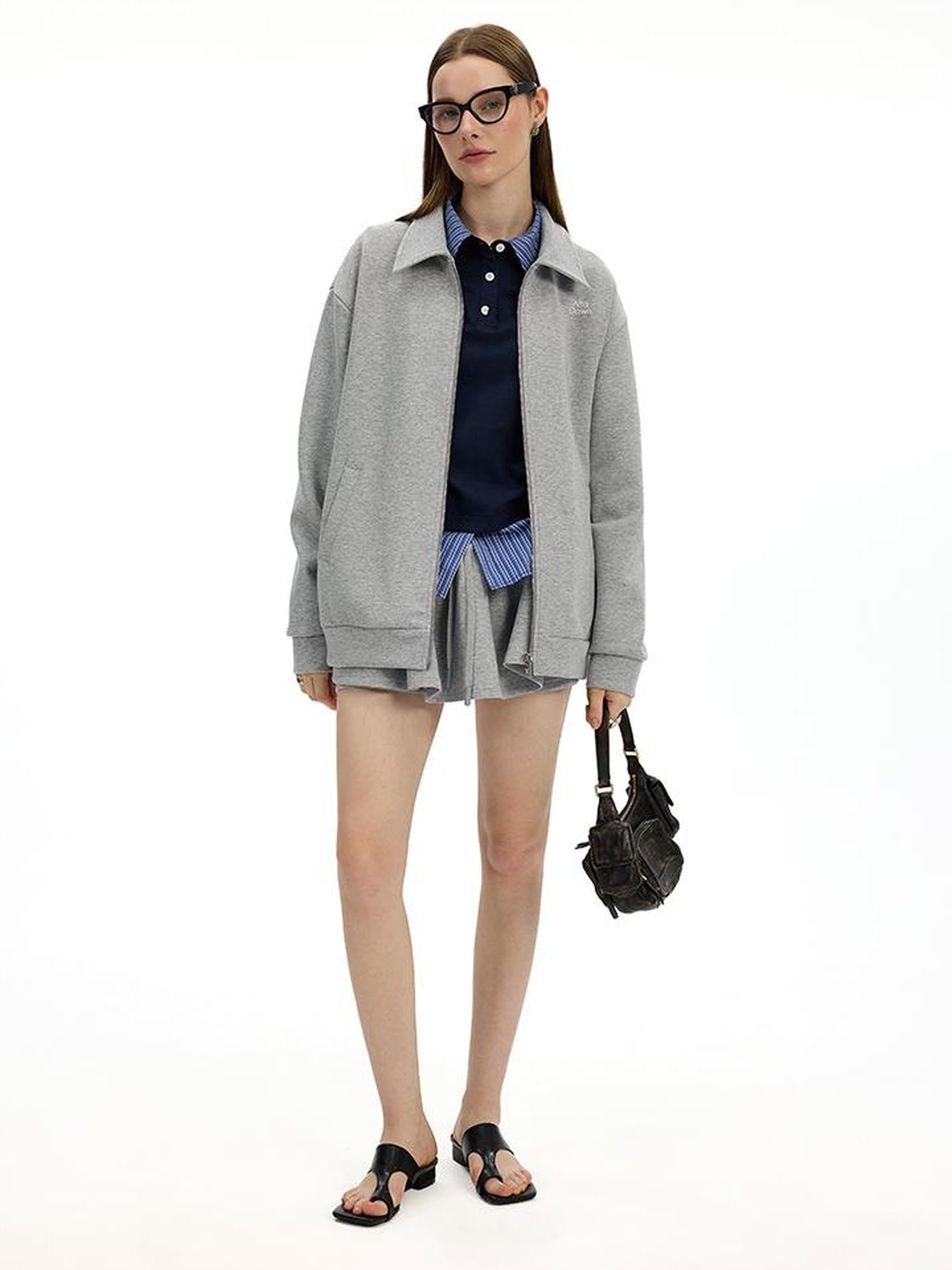 AFTADAWN Premium Gray Zip Up Hoodie Set With Bloom Skirt