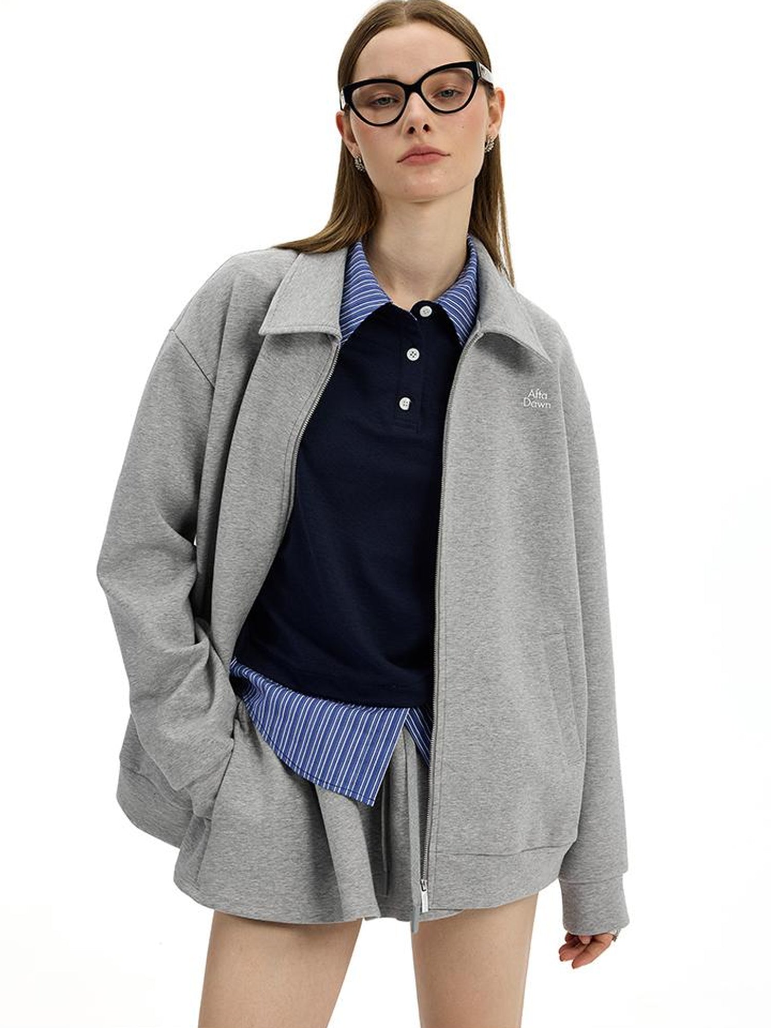 AFTADAWN Premium Gray Zip Up Hoodie Set With Bloom Skirt