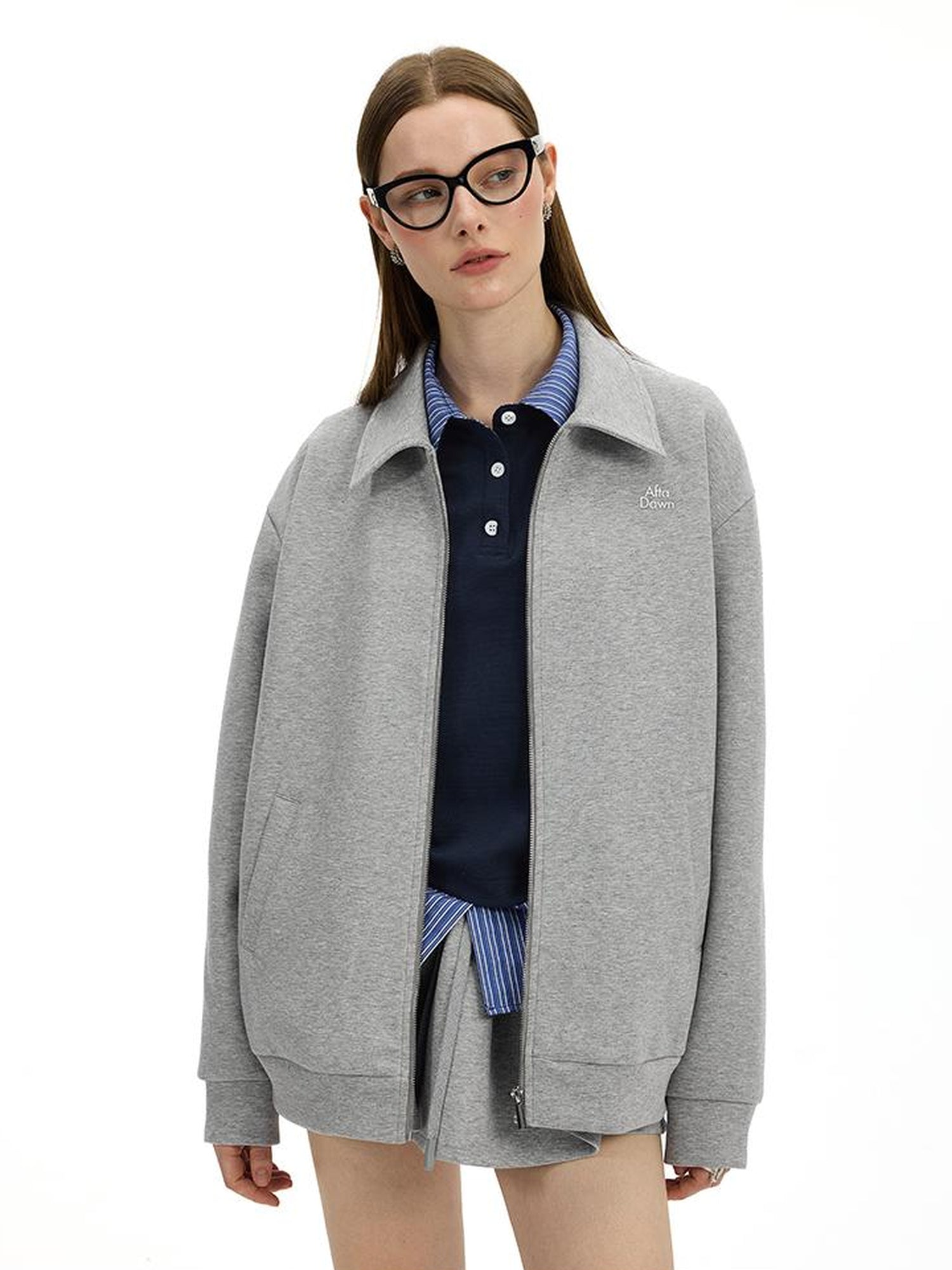 AFTADAWN Premium Gray Zip Up Hoodie Set With Bloom Skirt