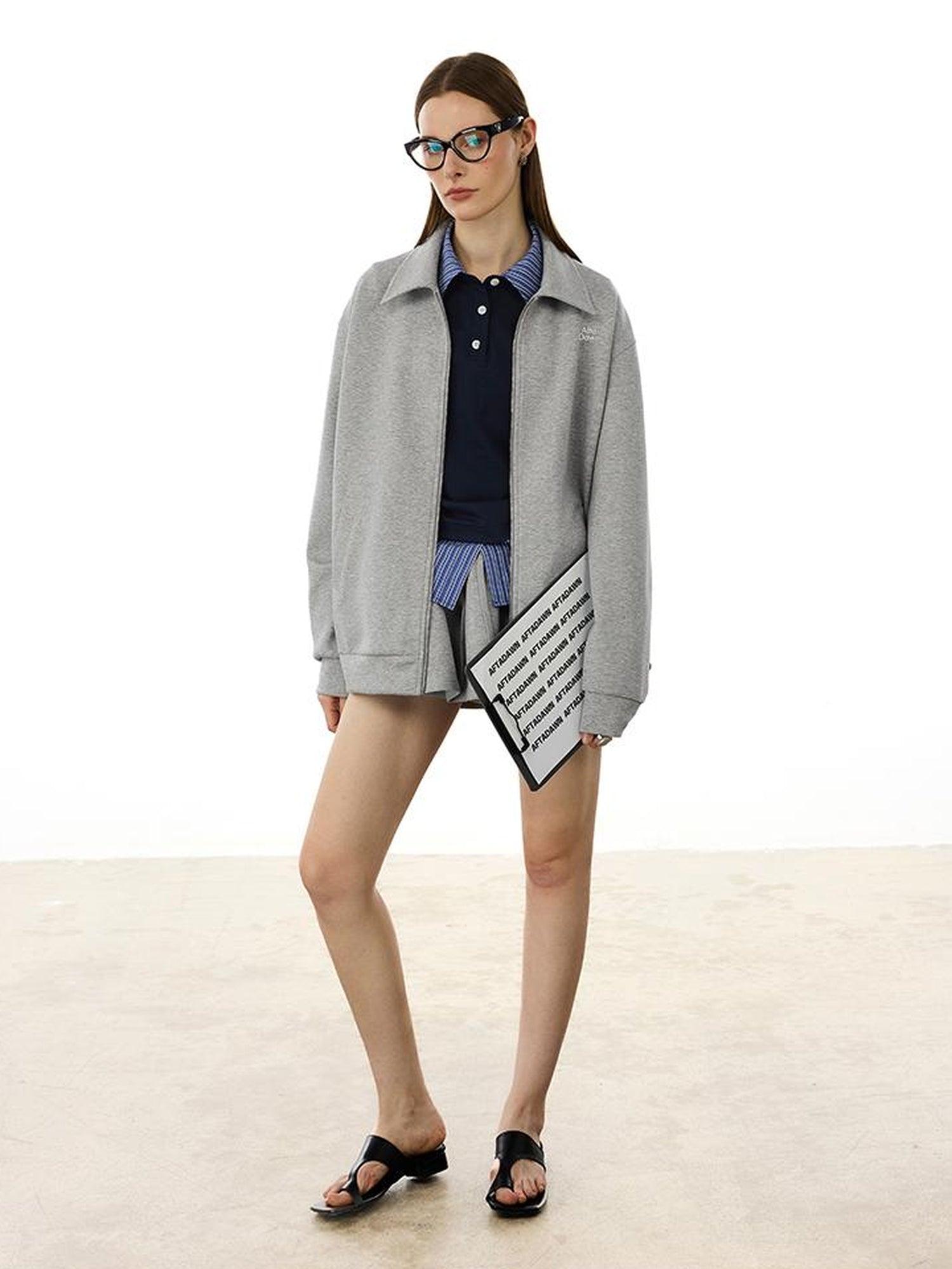 AFTADAWN Premium Gray Zip Up Hoodie Set With Bloom Skirt