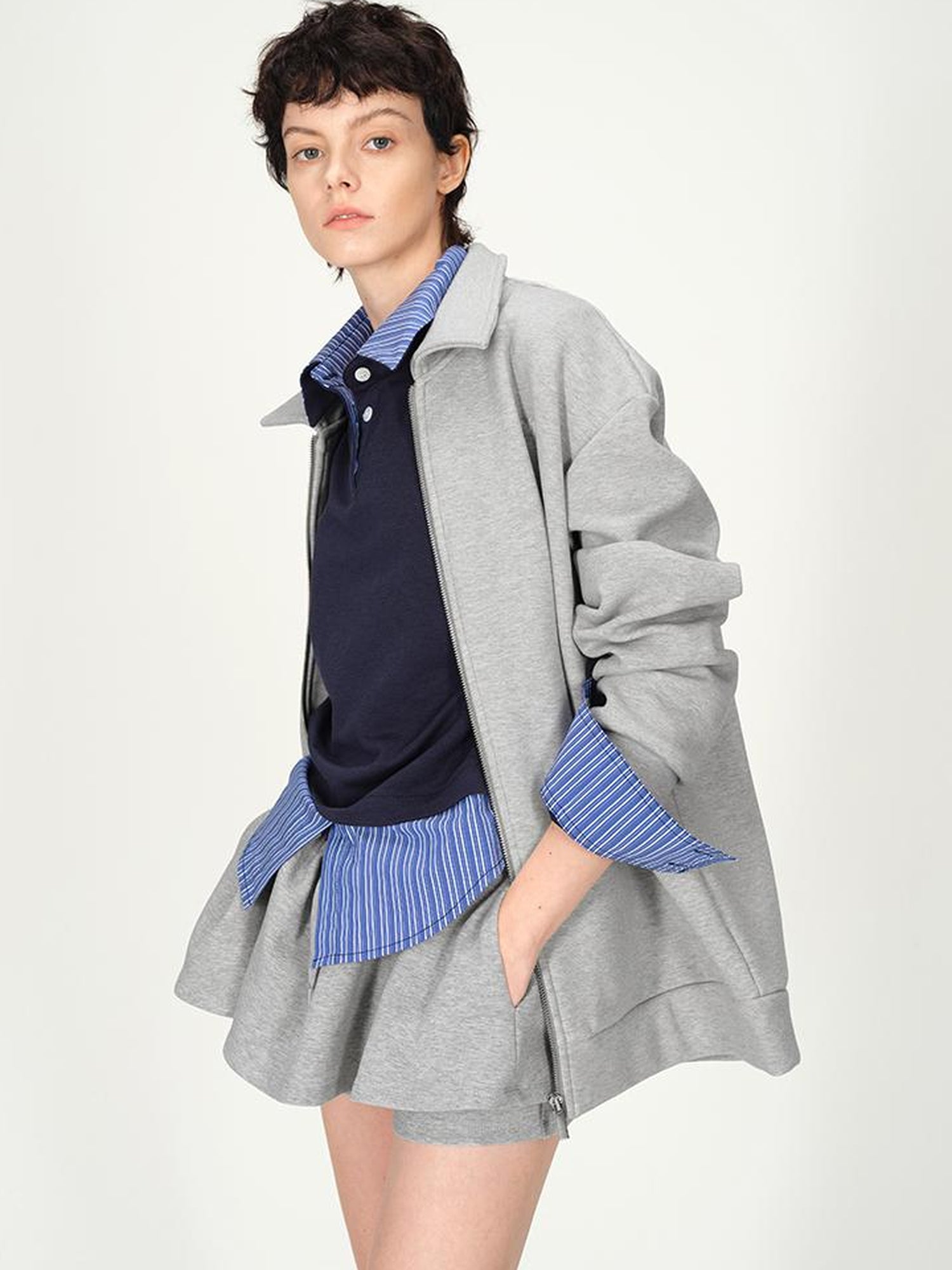 AFTADAWN Premium Gray Zip Up Hoodie Set With Bloom Skirt