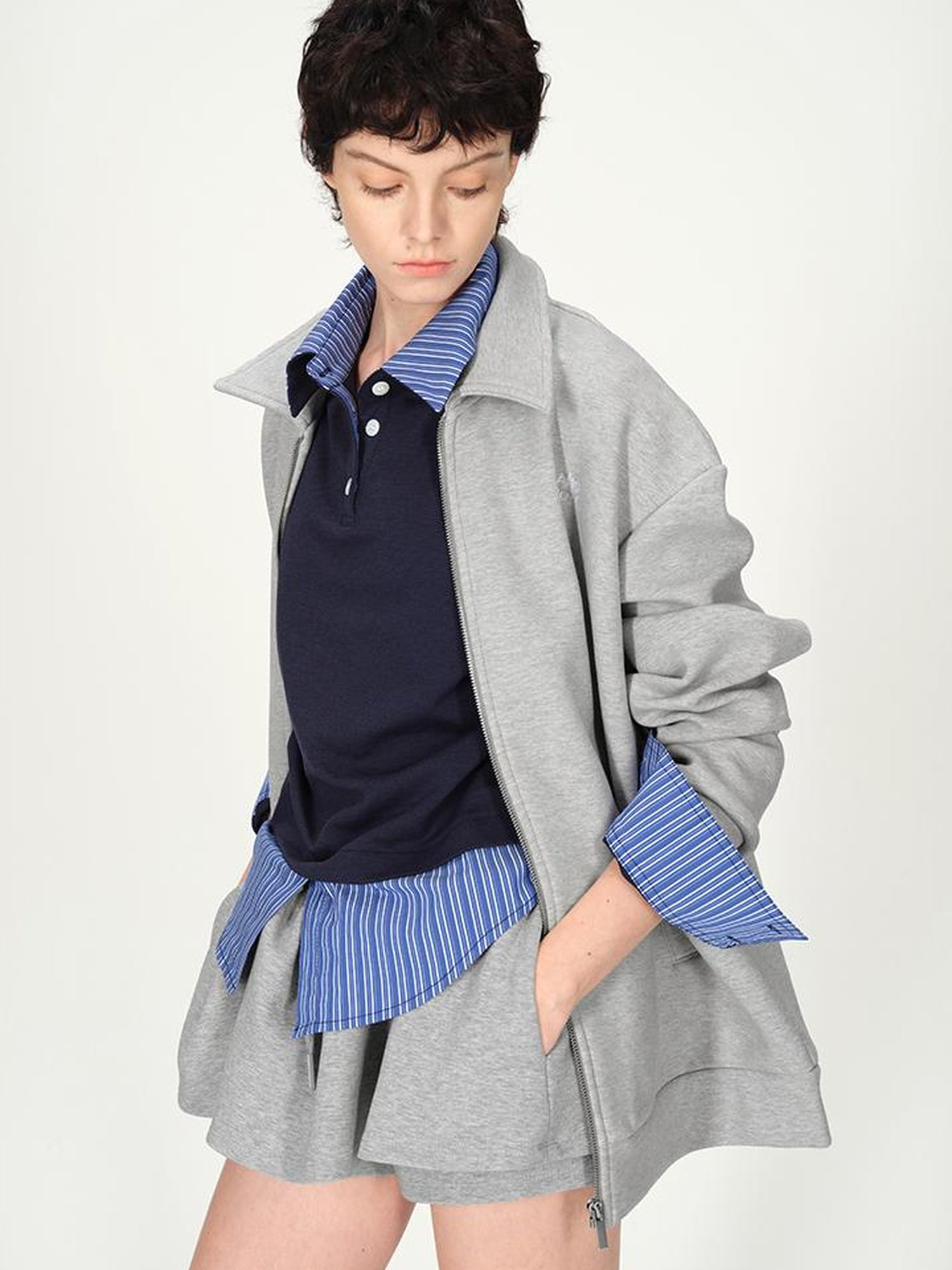 AFTADAWN Premium Gray Zip Up Hoodie Set With Bloom Skirt