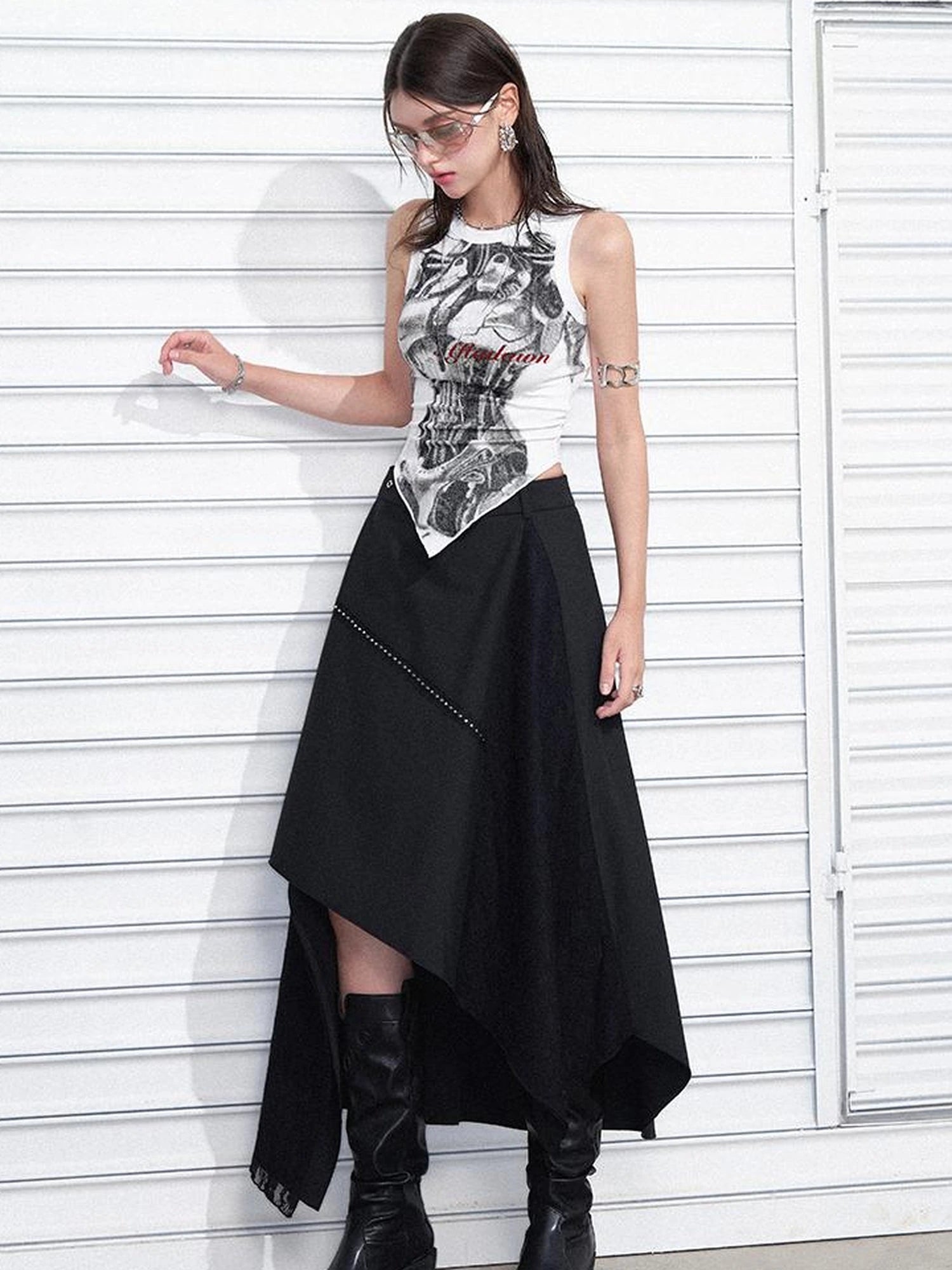 Print Vest V-Neck T-Shirt Long-Sleeve