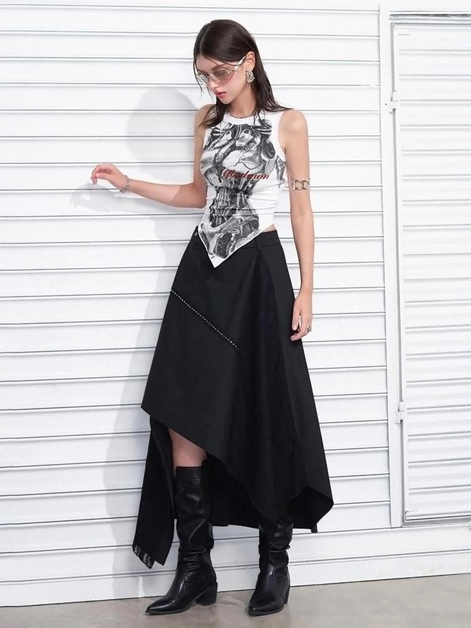 Print Vest V-Neck T-Shirt Long-Sleeve