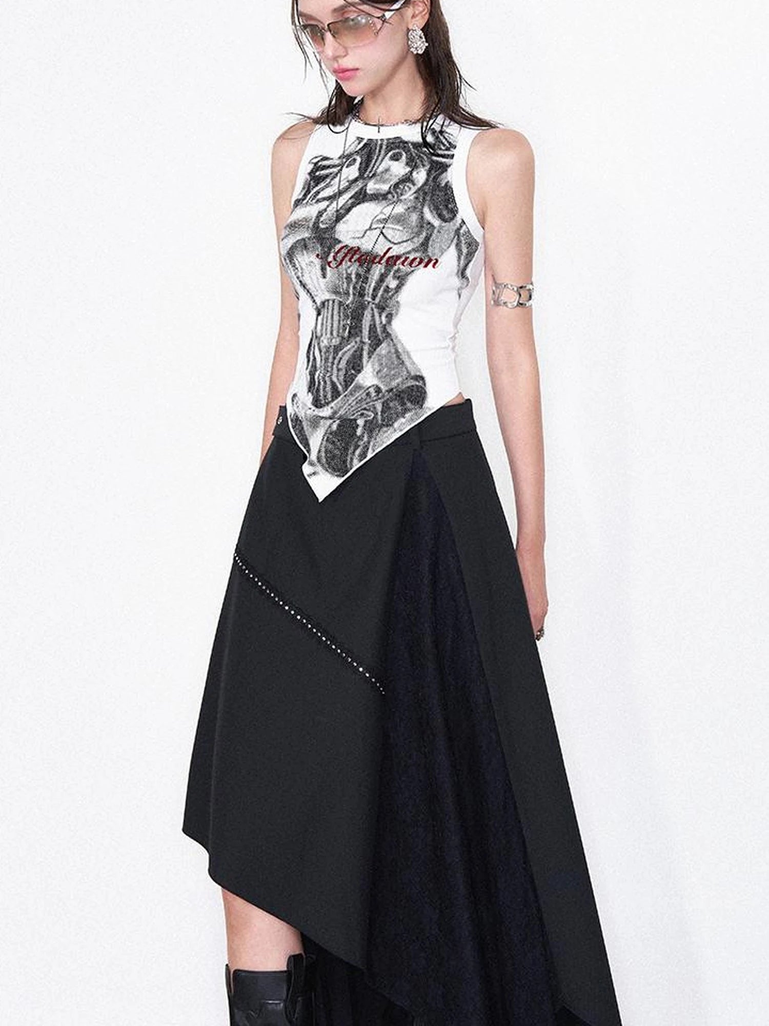 Print Vest V-Neck T-Shirt Long-Sleeve