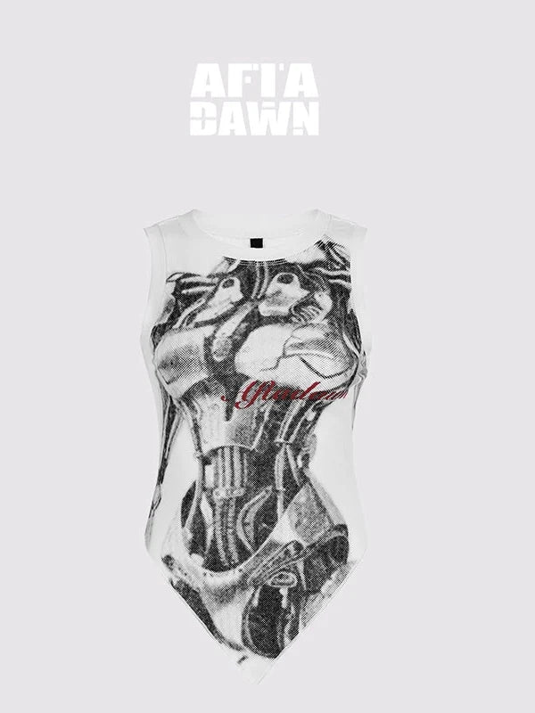 Print Vest V-Neck T-Shirt Long-Sleeve