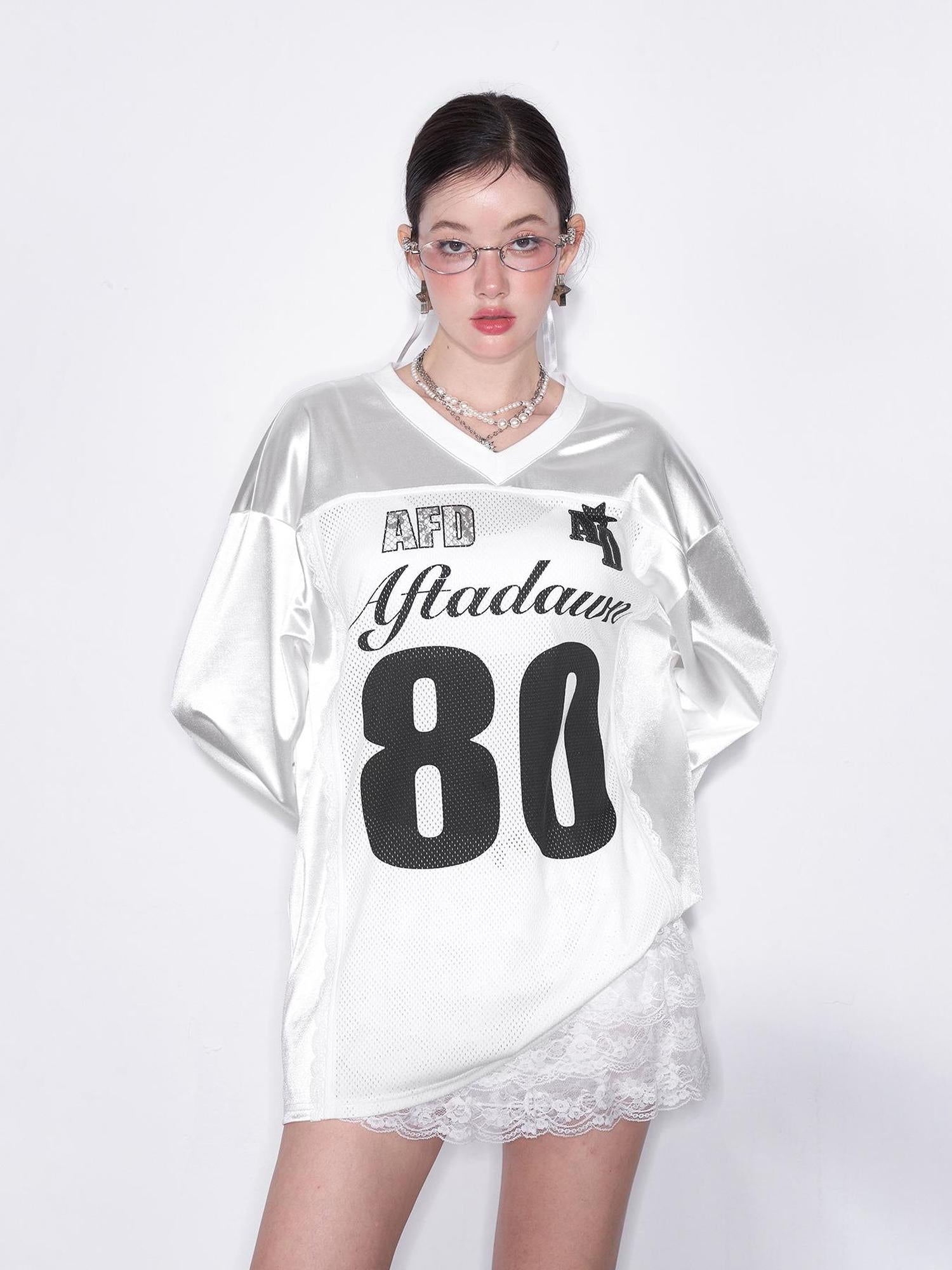 AFTADAWN Printed Lace Trimmed Satin Sports Tee