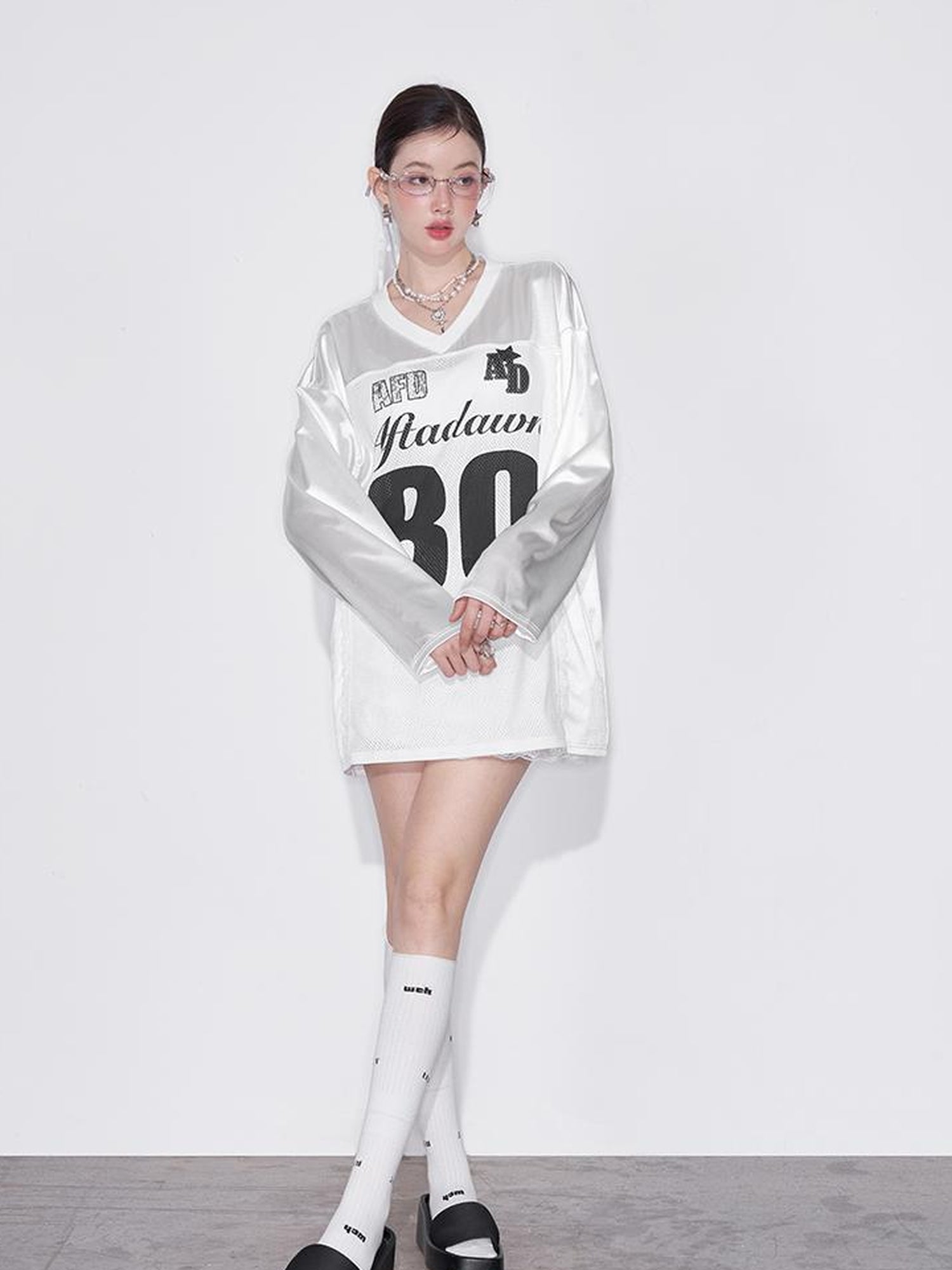 AFTADAWN Printed Lace Trimmed Satin Sports Tee