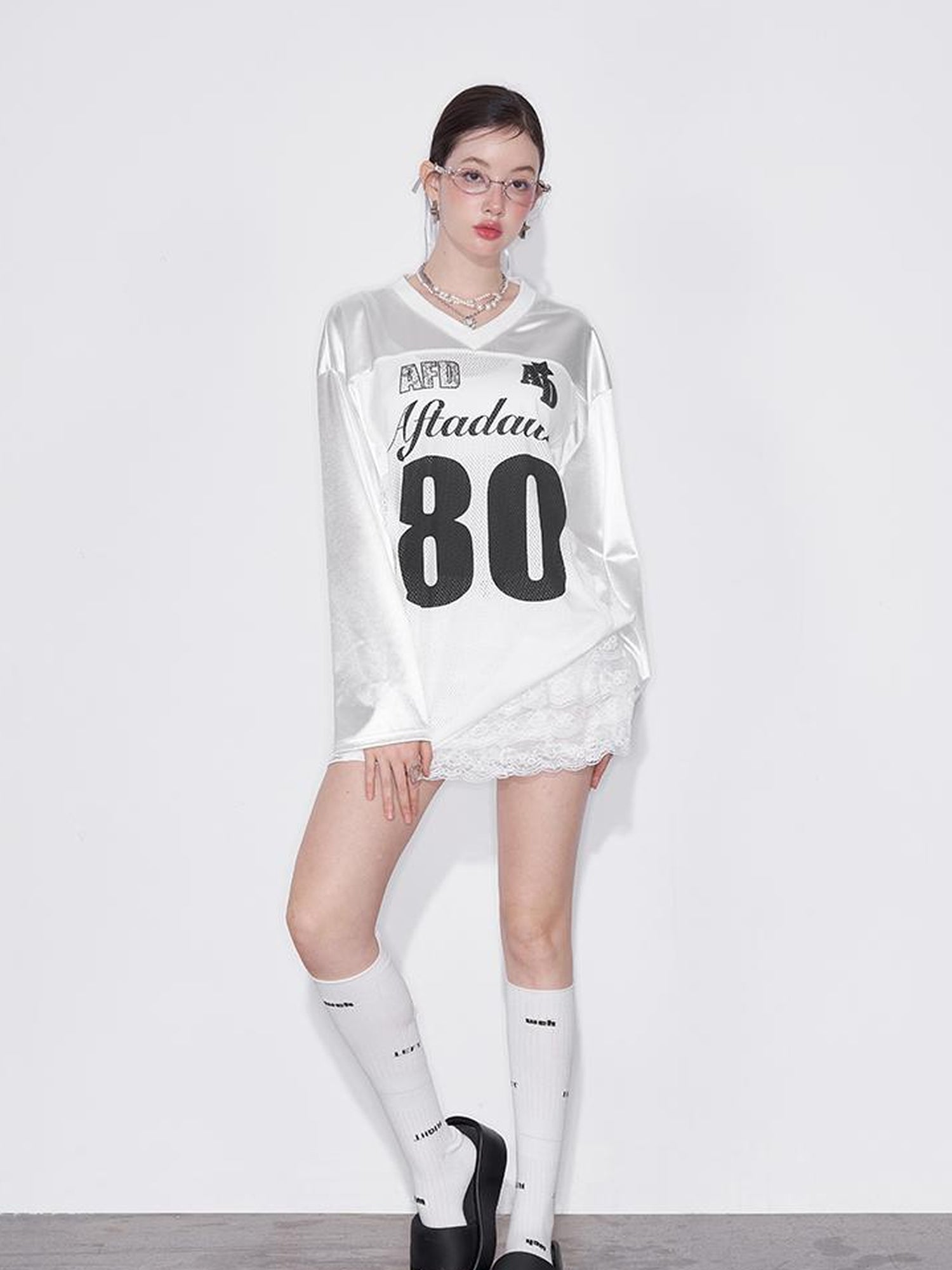 AFTADAWN Printed Lace Trimmed Satin Sports Tee