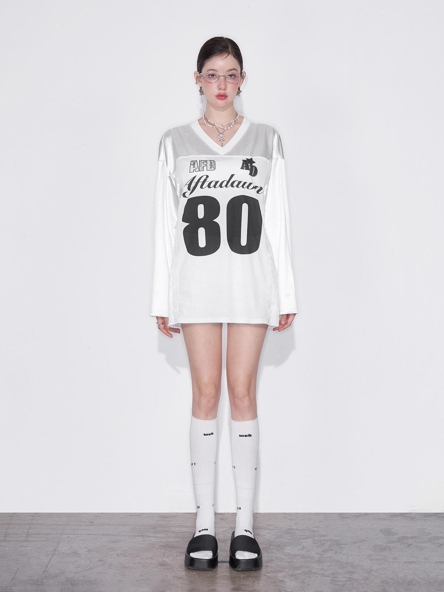 AFTADAWN Printed Lace Trimmed Satin Sports Tee