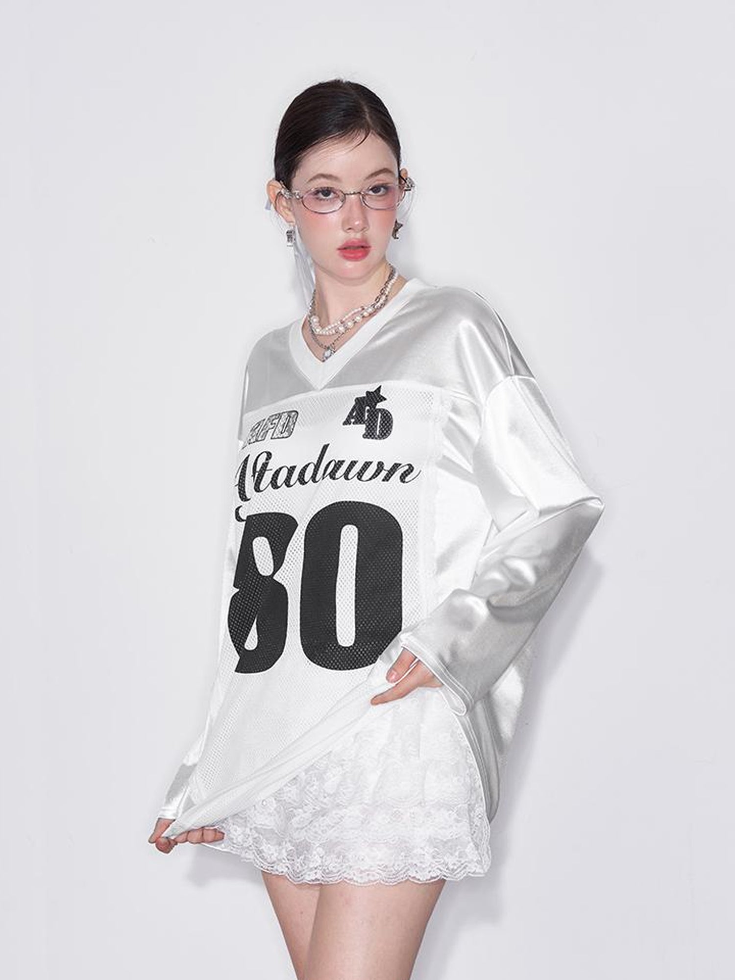 AFTADAWN Printed Lace Trimmed Satin Sports Tee