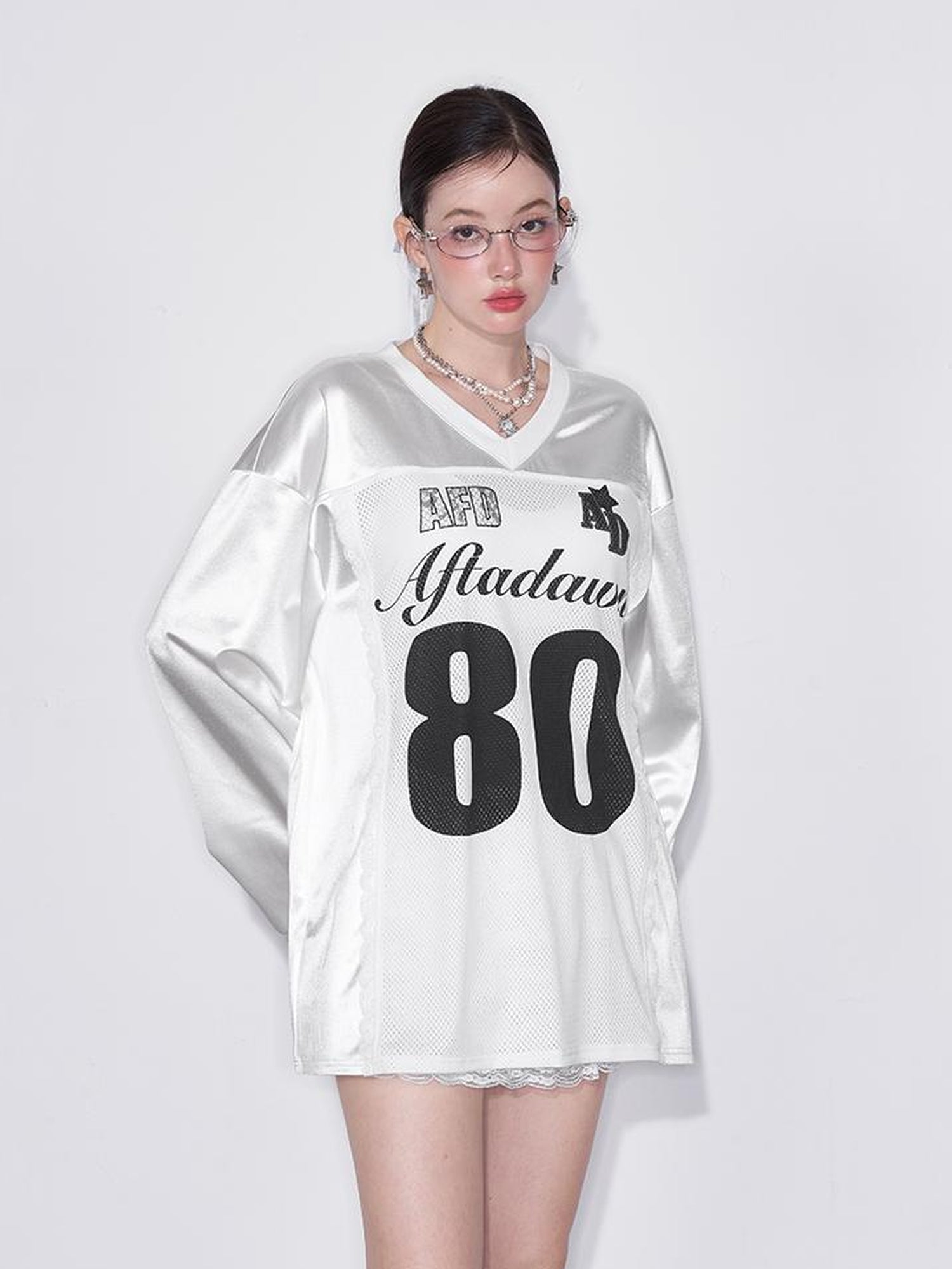 AFTADAWN Printed Lace Trimmed Satin Sports Tee