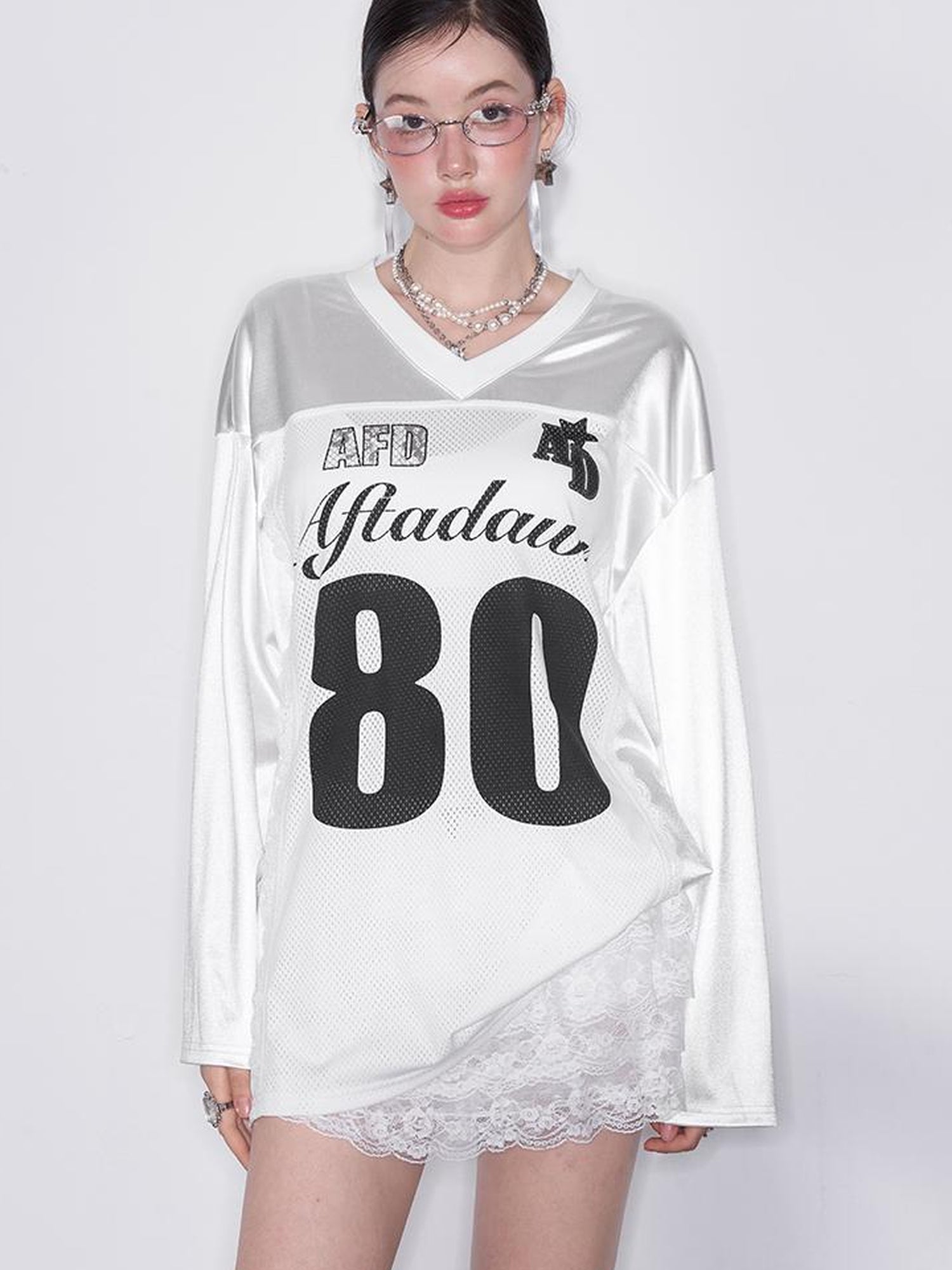 AFTADAWN Printed Lace Trimmed Satin Sports Tee
