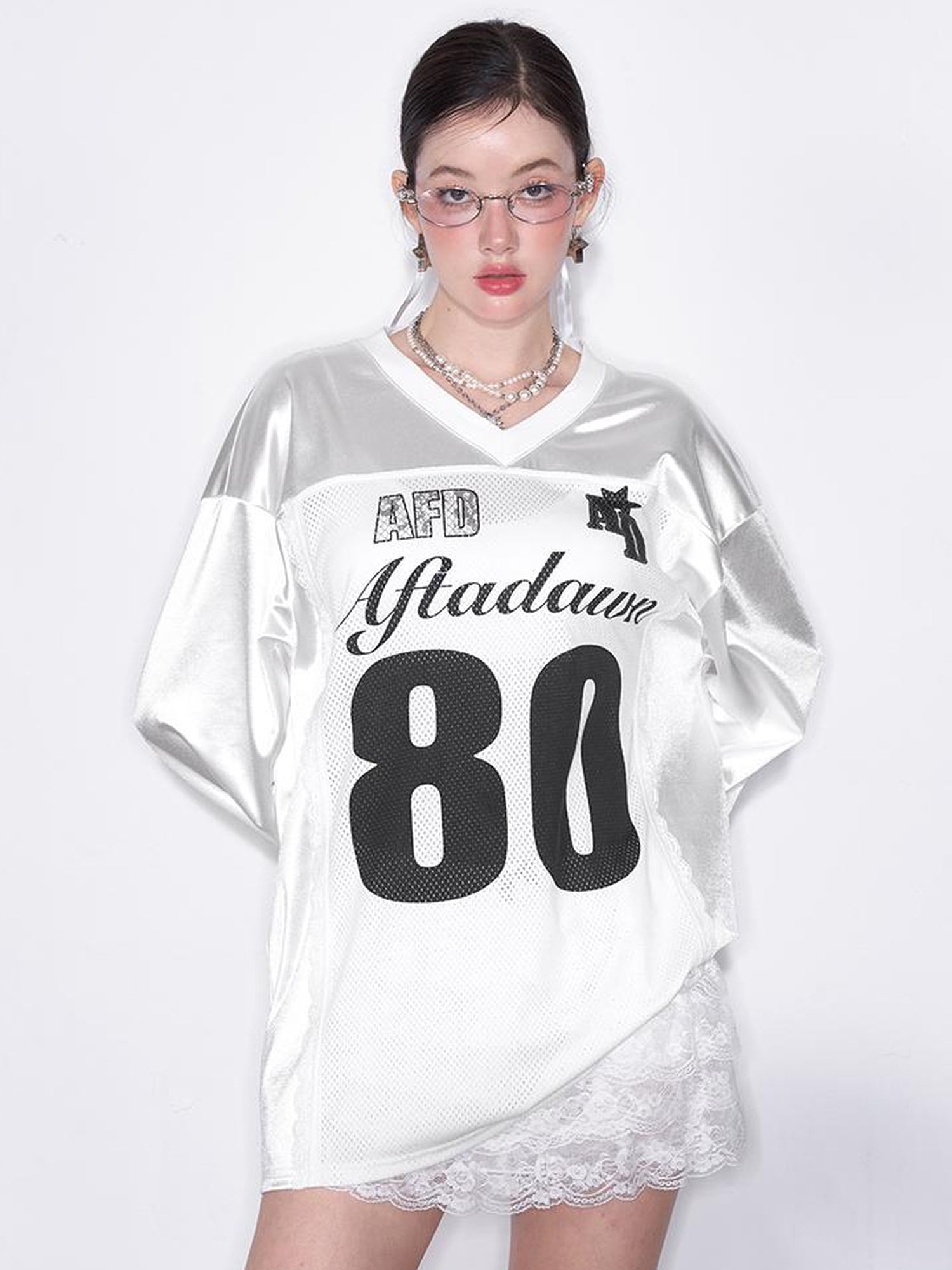AFTADAWN Printed Lace Trimmed Satin Sports Tee