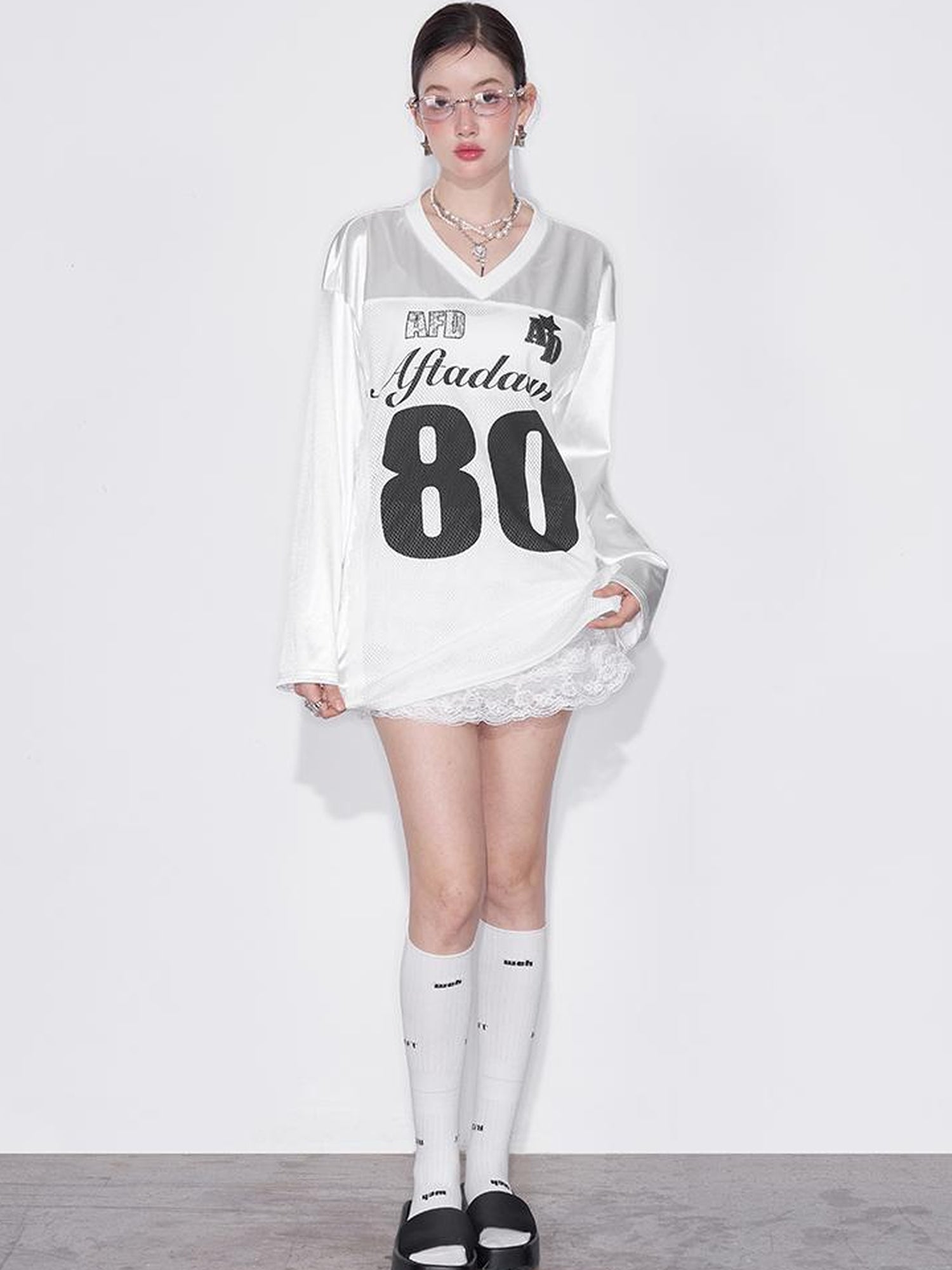 AFTADAWN Printed Lace Trimmed Satin Sports Tee