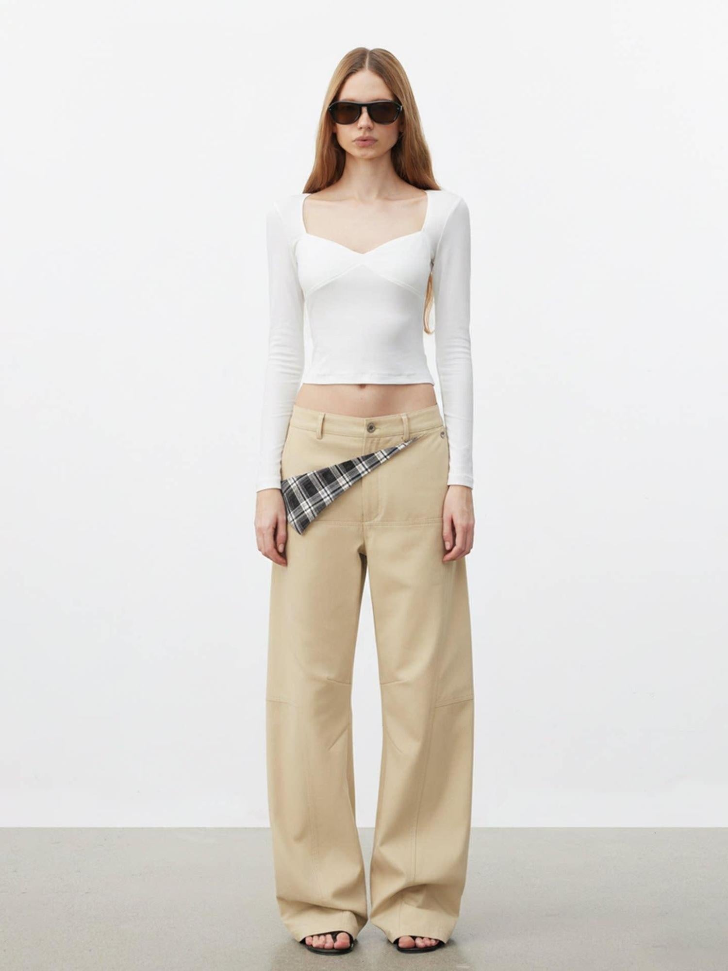 AFTADAWN Pure Cotton Minimalist Commuter Curved Leg Natural Waist Women Khaki Navy Pants