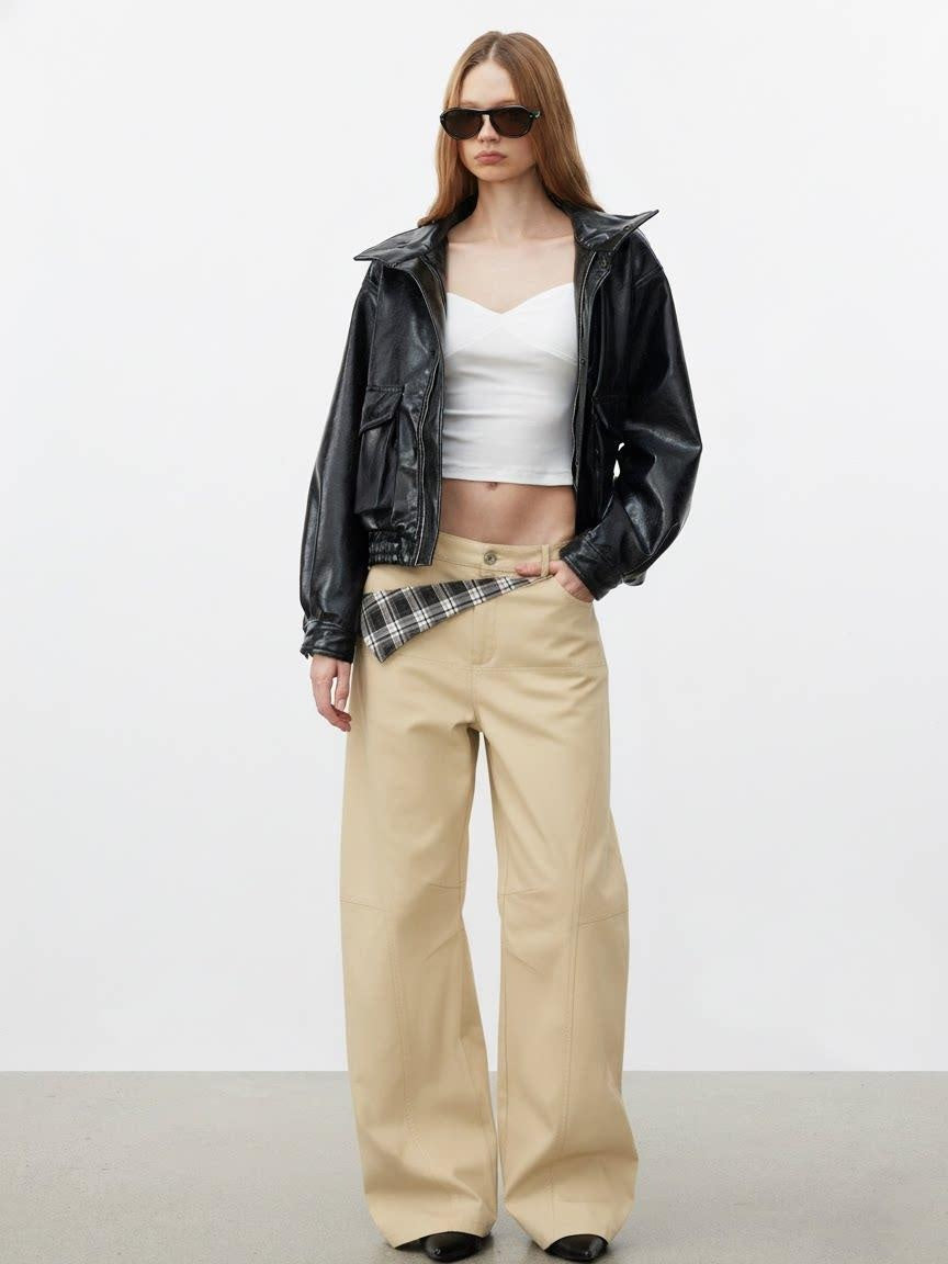 AFTADAWN Pure Cotton Minimalist Commuter Curved Leg Natural Waist Women Khaki Navy Pants