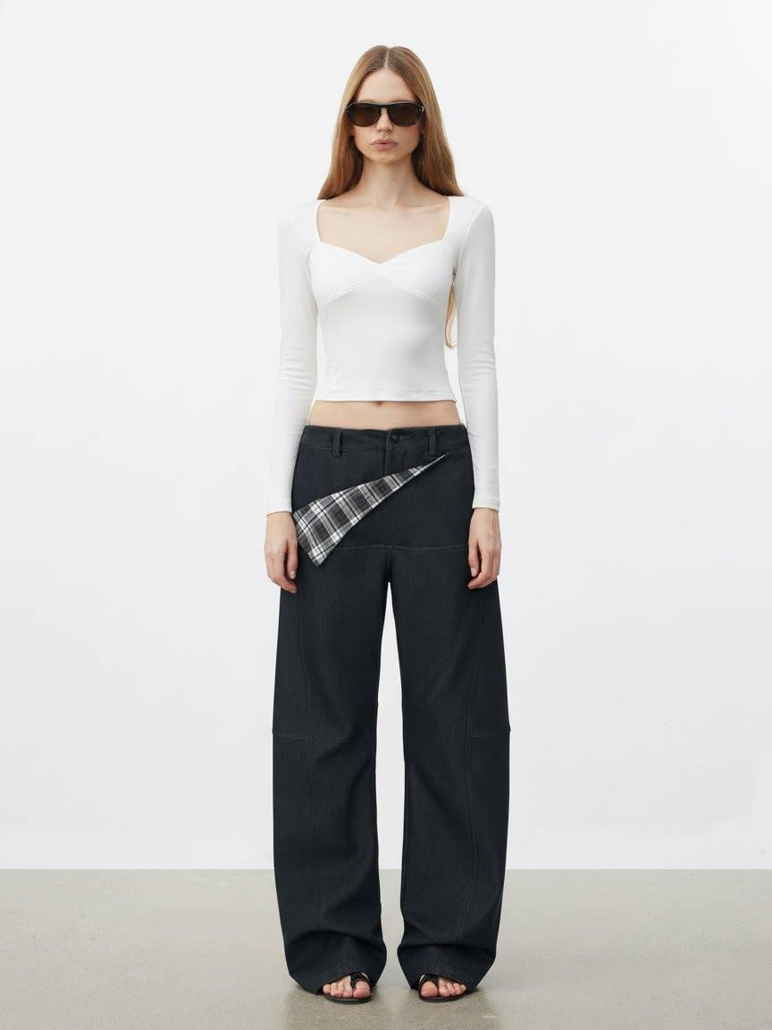 AFTADAWN Pure Cotton Minimalist Commuter Curved Leg Natural Waist Women Khaki Navy Pants