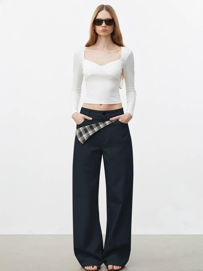 AFTADAWN Pure Cotton Minimalist Commuter Curved Leg Natural Waist Women Khaki Navy Pants