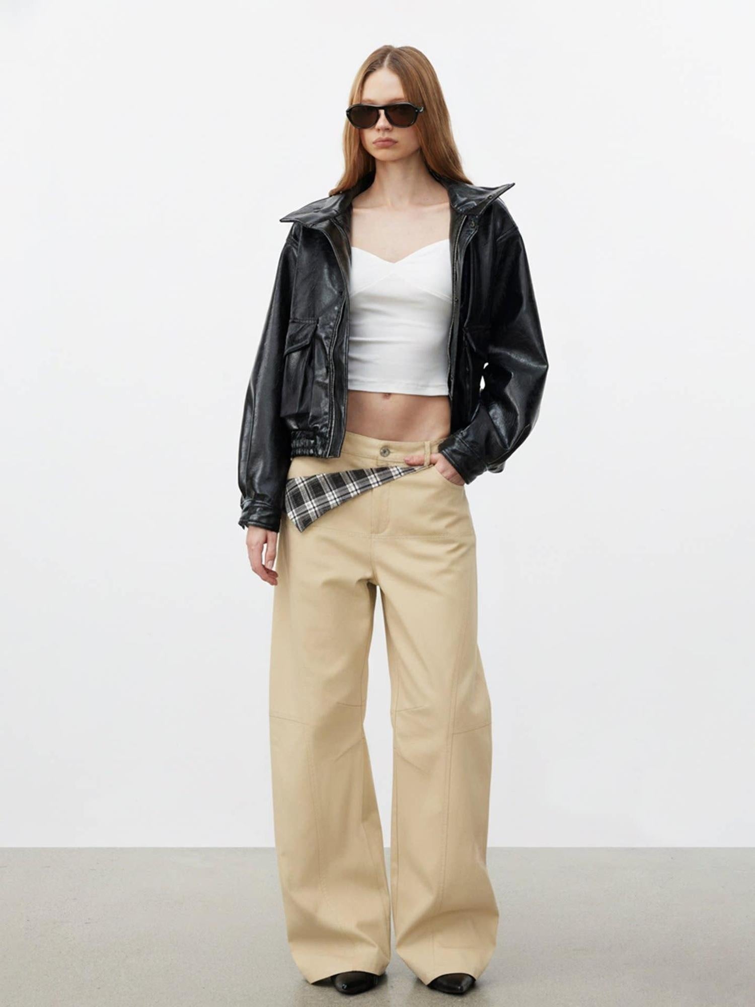 AFTADAWN Pure Cotton Minimalist Commuter Curved Leg Natural Waist Women Khaki Navy Pants