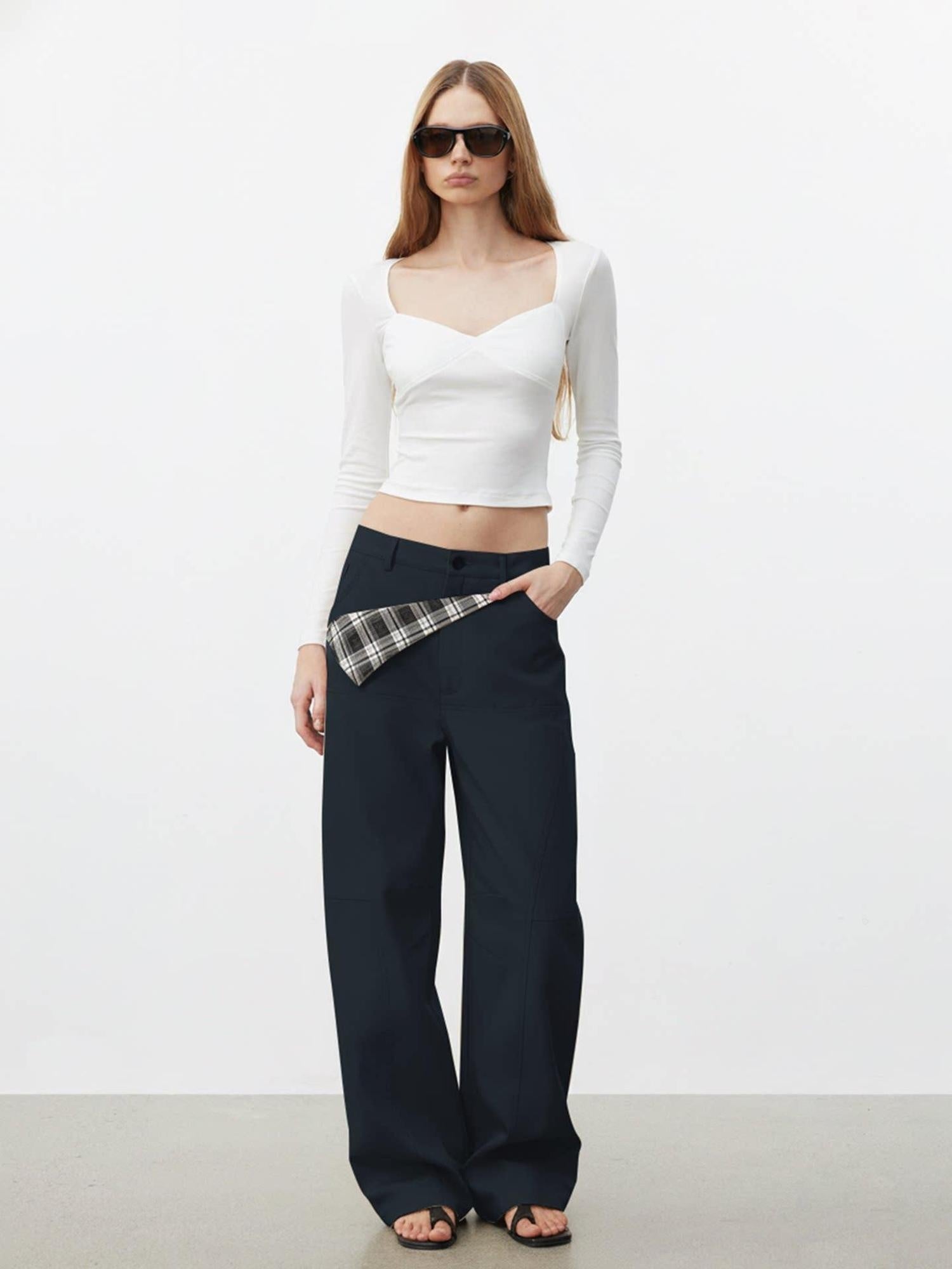 AFTADAWN Pure Cotton Minimalist Commuter Curved Leg Natural Waist Women Khaki Navy Pants