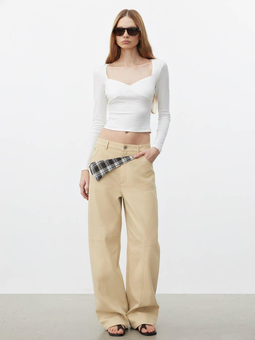 AFTADAWN Pure Cotton Minimalist Commuter Curved Leg Natural Waist Women Khaki Navy Pants