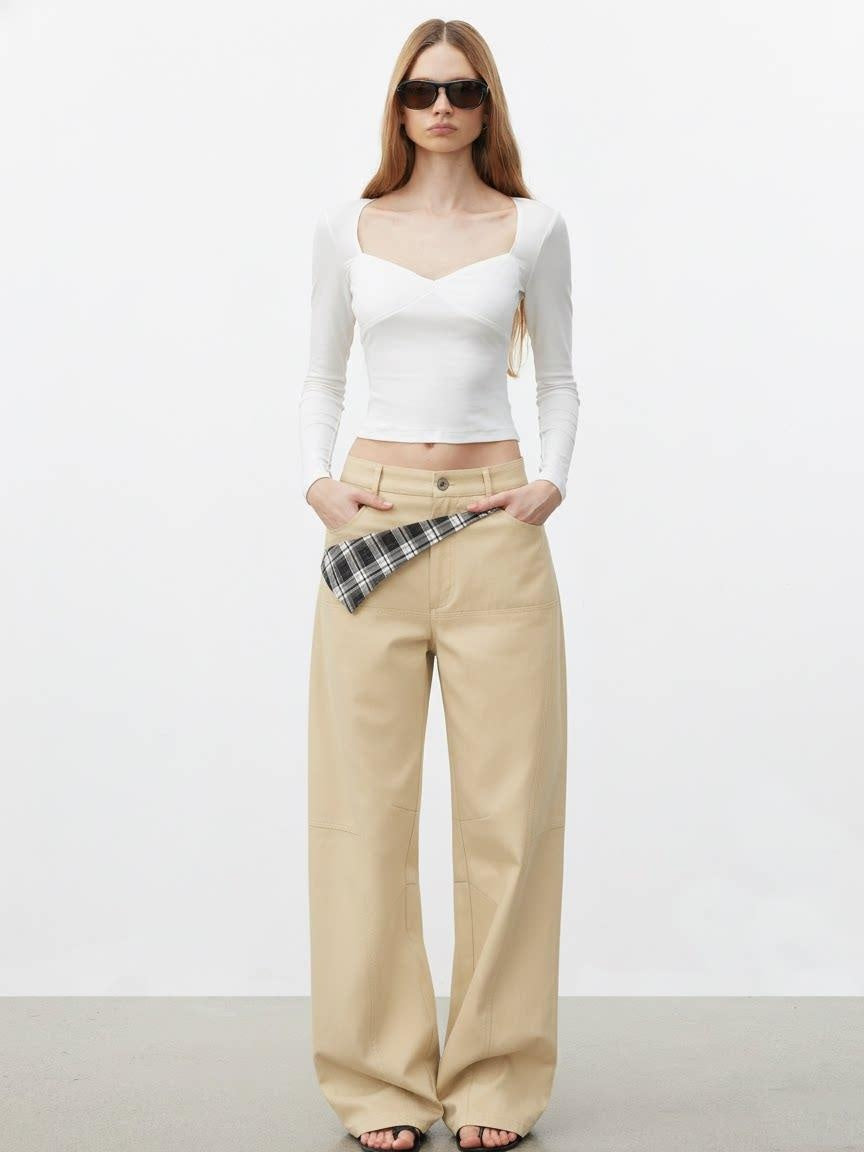 AFTADAWN Pure Cotton Minimalist Commuter Curved Leg Natural Waist Women Khaki Navy Pants