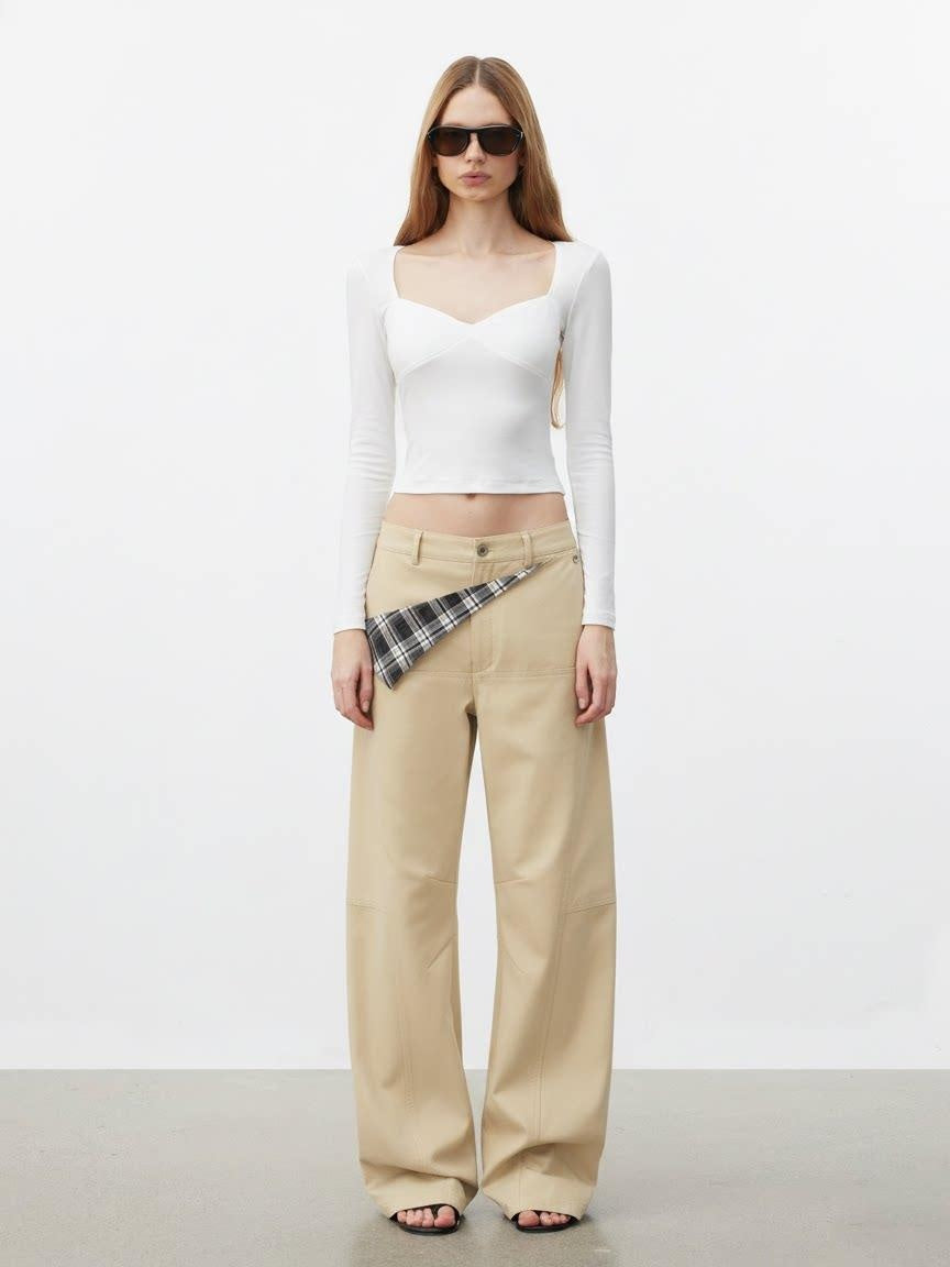 AFTADAWN Pure Cotton Minimalist Commuter Curved Leg Natural Waist Women Khaki Navy Pants