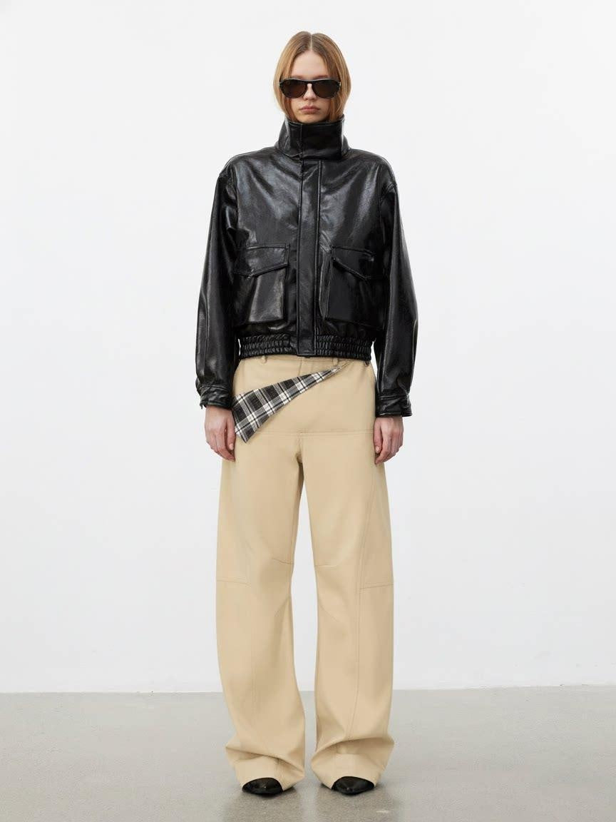 AFTADAWN Pure Cotton Minimalist Commuter Curved Leg Natural Waist Women Khaki Navy Pants