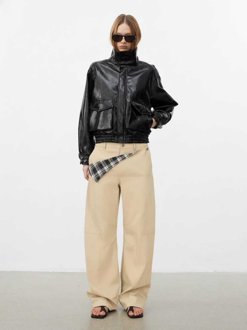 AFTADAWN Pure Cotton Minimalist Commuter Curved Leg Natural Waist Women Khaki Navy Pants