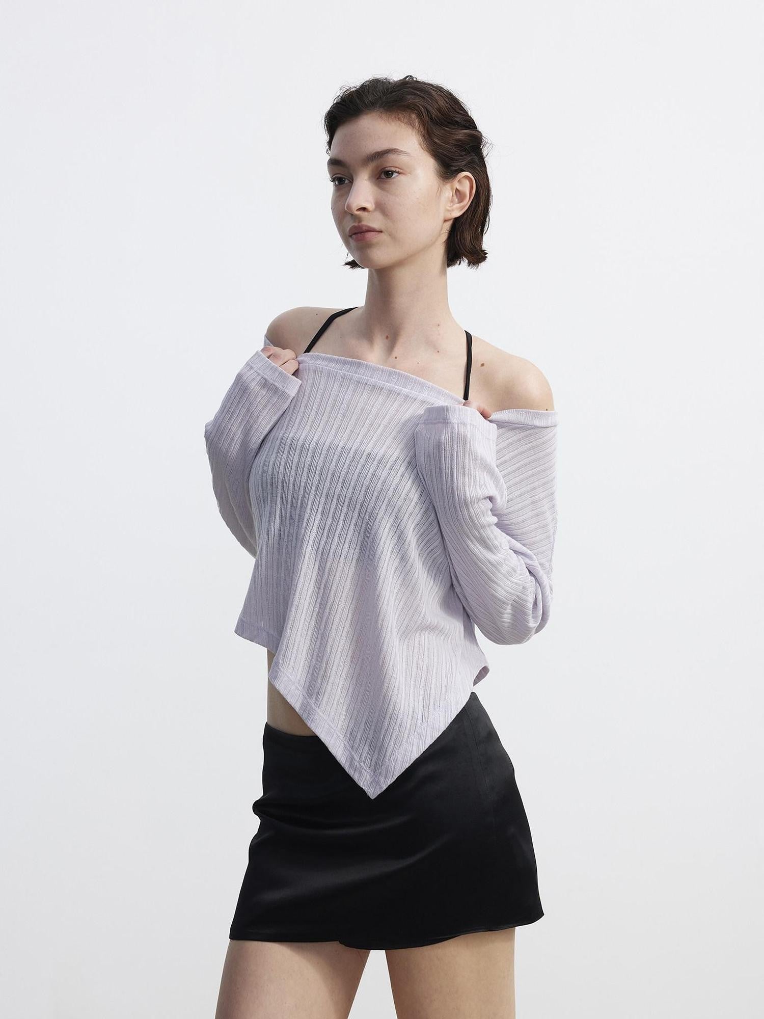AFTADAWN Purple Textured Knit Asymmetric Shoulder Women&