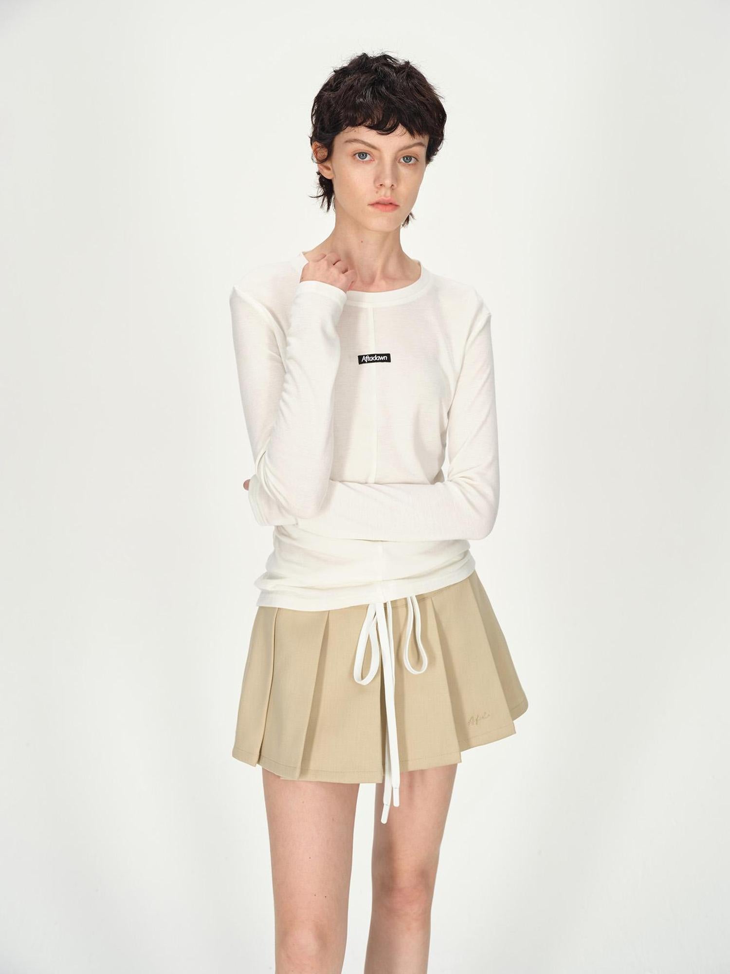 AFTADAWN Rayon Wool Logo Embroidered Waist Gathered Long Sleeve Tee