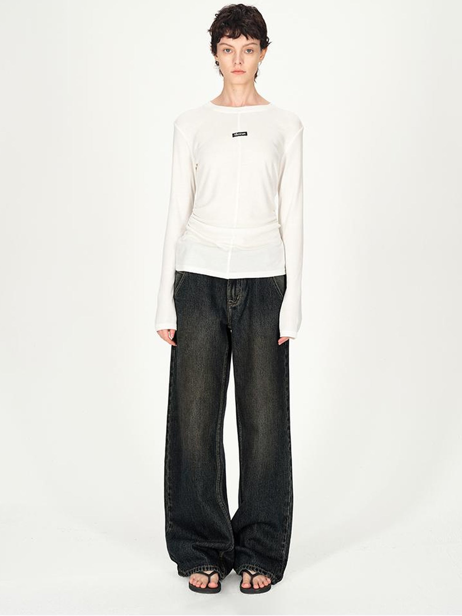 AFTADAWN Rayon Wool Logo Embroidered Waist Gathered Long Sleeve Tee