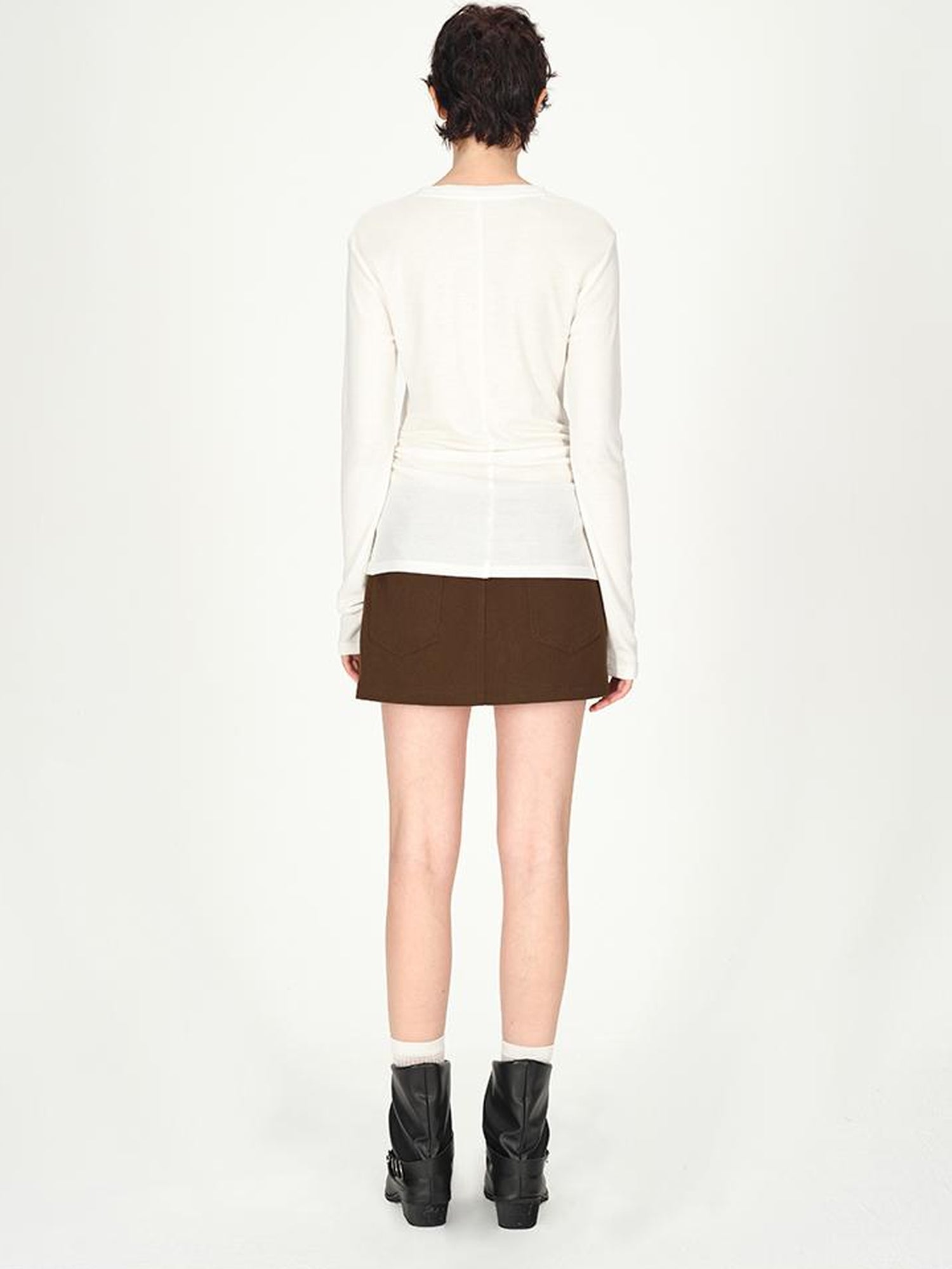 AFTADAWN Rayon Wool Logo Embroidered Waist Gathered Long Sleeve Tee