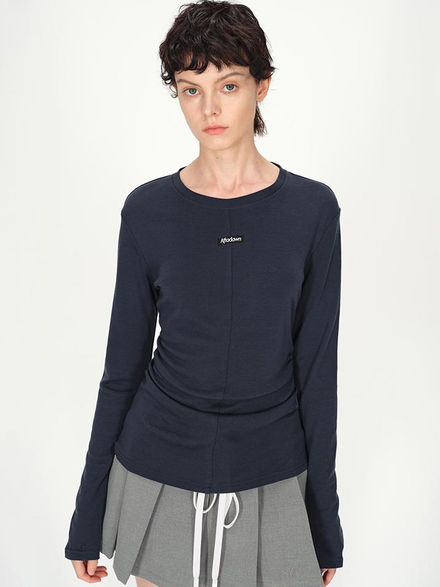 AFTADAWN Rayon Wool Logo Embroidered Waist Gathered Long Sleeve Tee