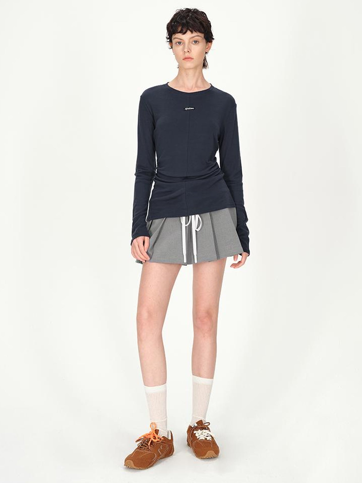 AFTADAWN Rayon Wool Logo Embroidered Waist Gathered Long Sleeve Tee