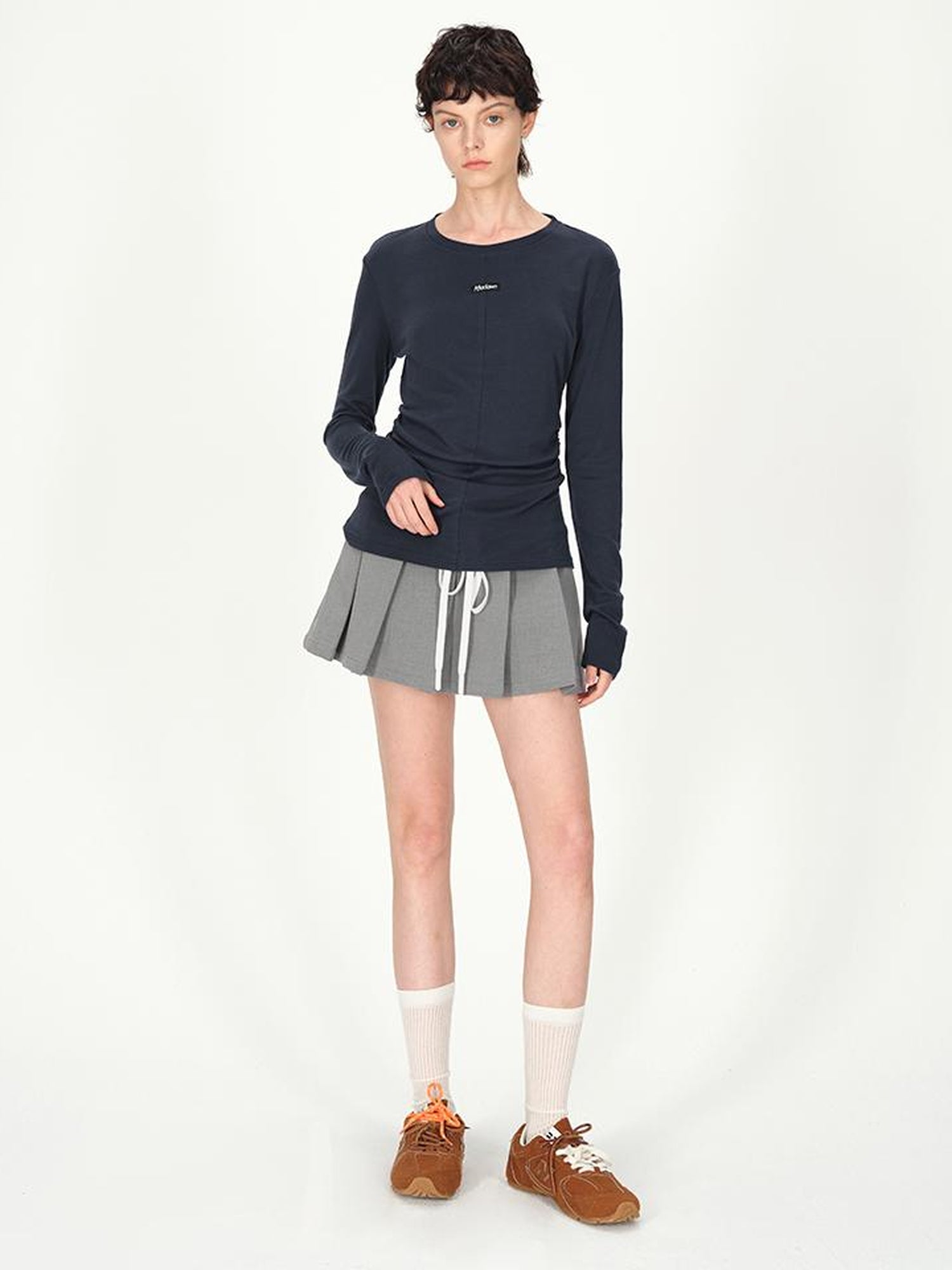 AFTADAWN Rayon Wool Logo Embroidered Waist Gathered Long Sleeve Tee