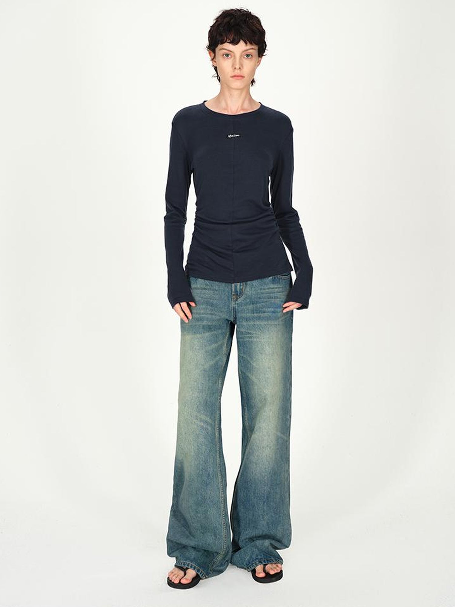 AFTADAWN Rayon Wool Logo Embroidered Waist Gathered Long Sleeve Tee