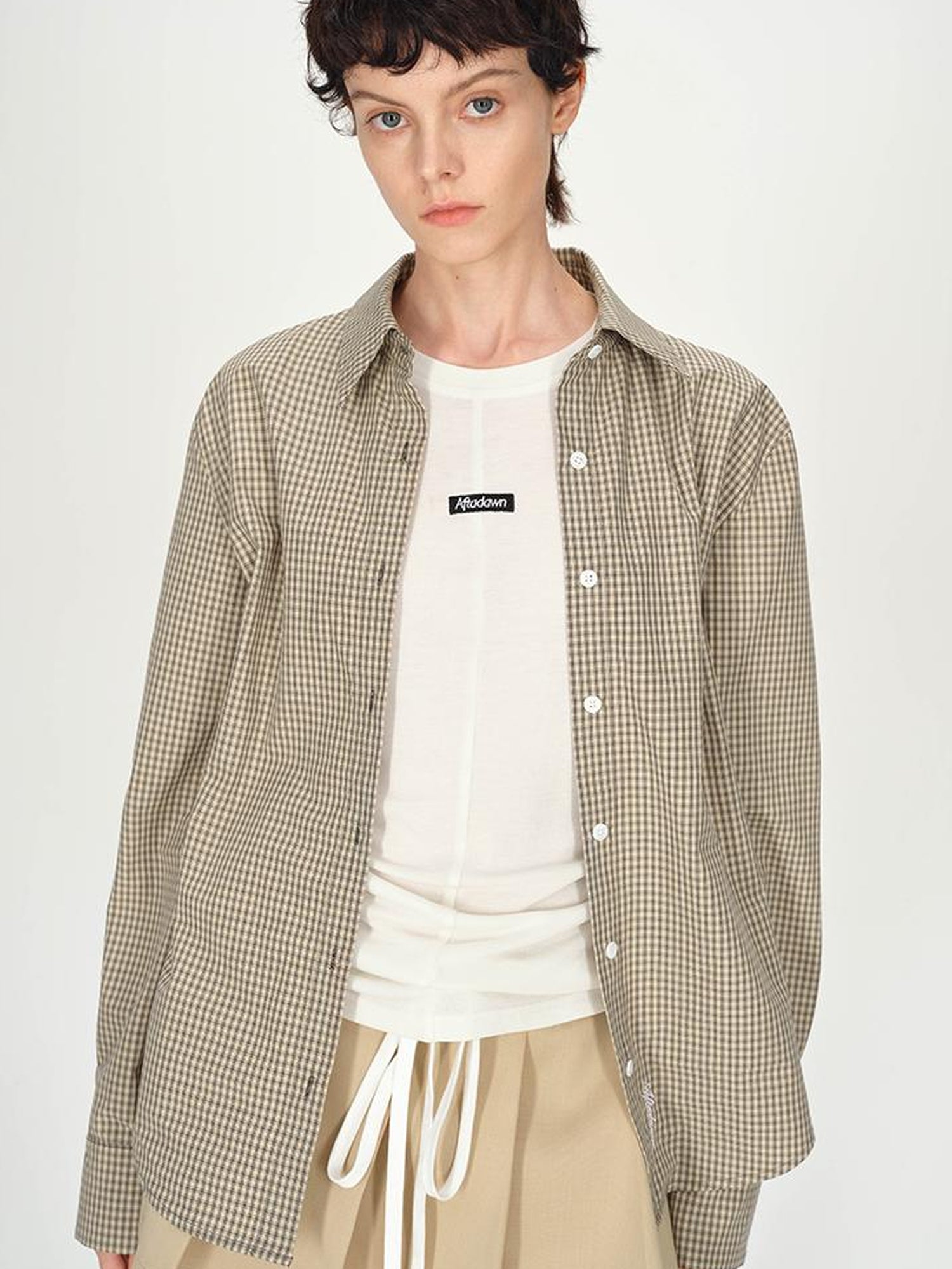 AFTADAWN Rayon Wool Logo Embroidered Waist Gathered Long Sleeve Tee